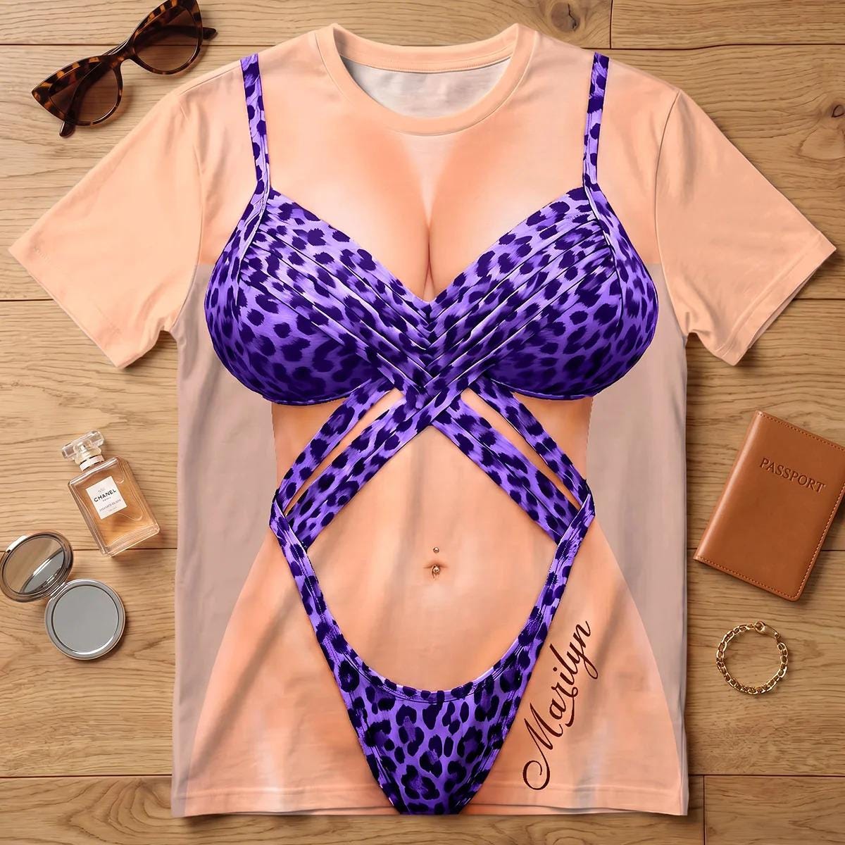 Personalized Bikini T Shirt, Custom Graphic Tee, Polyester All Over Print Bestie Gift