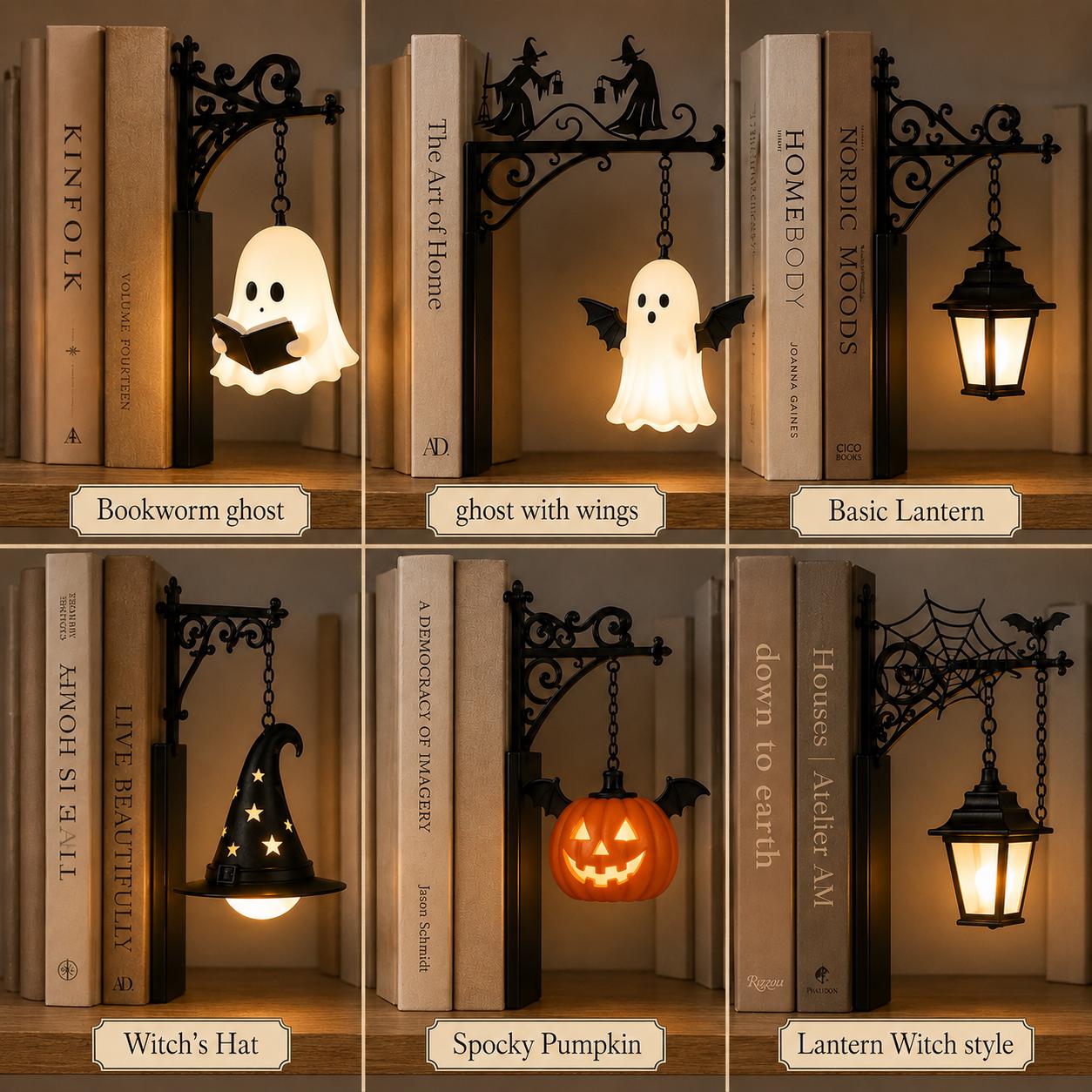 Gothic Halloween Bookshelf Lantern Lamp, Spooky Ghost Book Nook Light, Library Bookend Decor