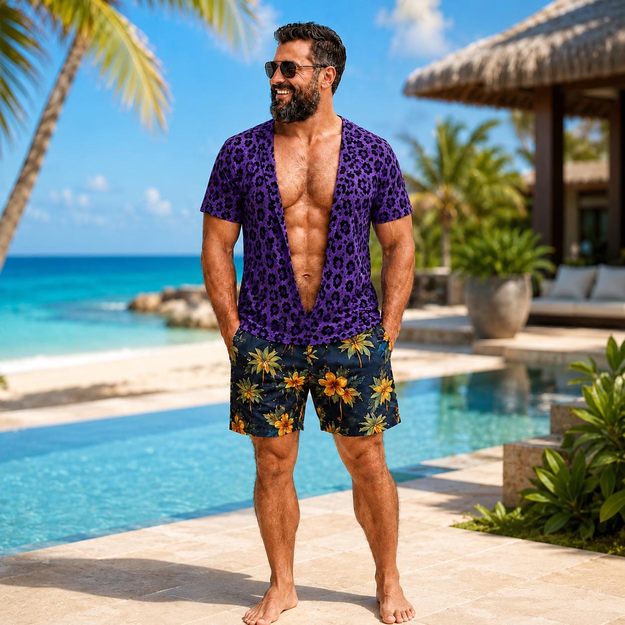 Men's Leopard Print Hawaiian Shirt Shorts Set, Summer Beach Vacation Outfit Gift For Him