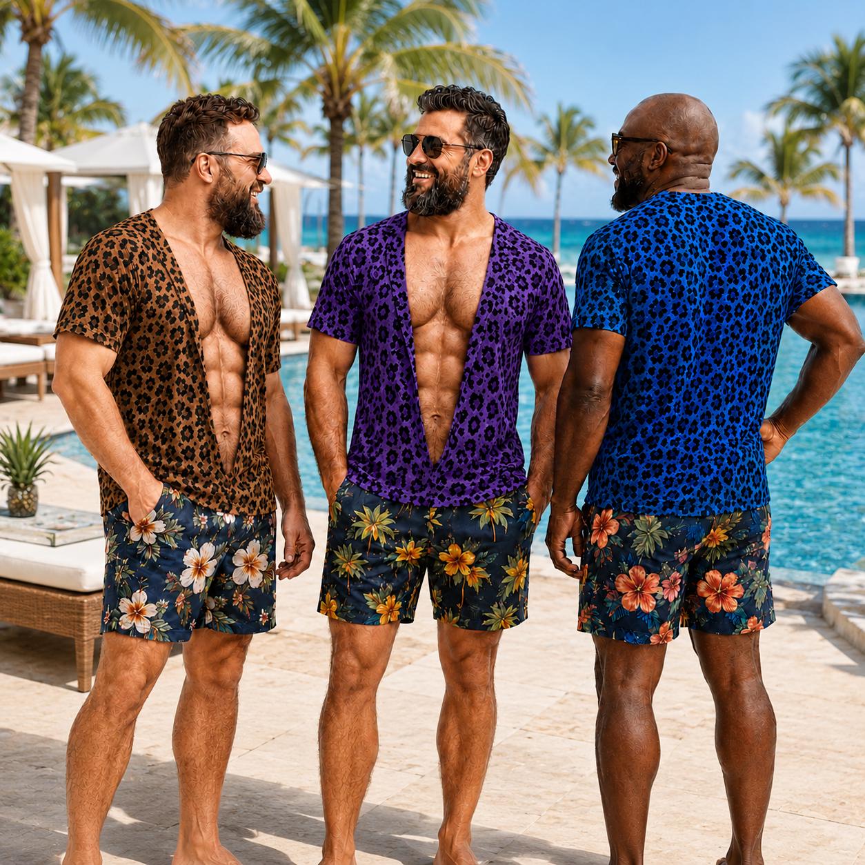Men's Leopard Print Hawaiian Shirt Shorts Set, Summer Beach Vacation Outfit Gift For Him