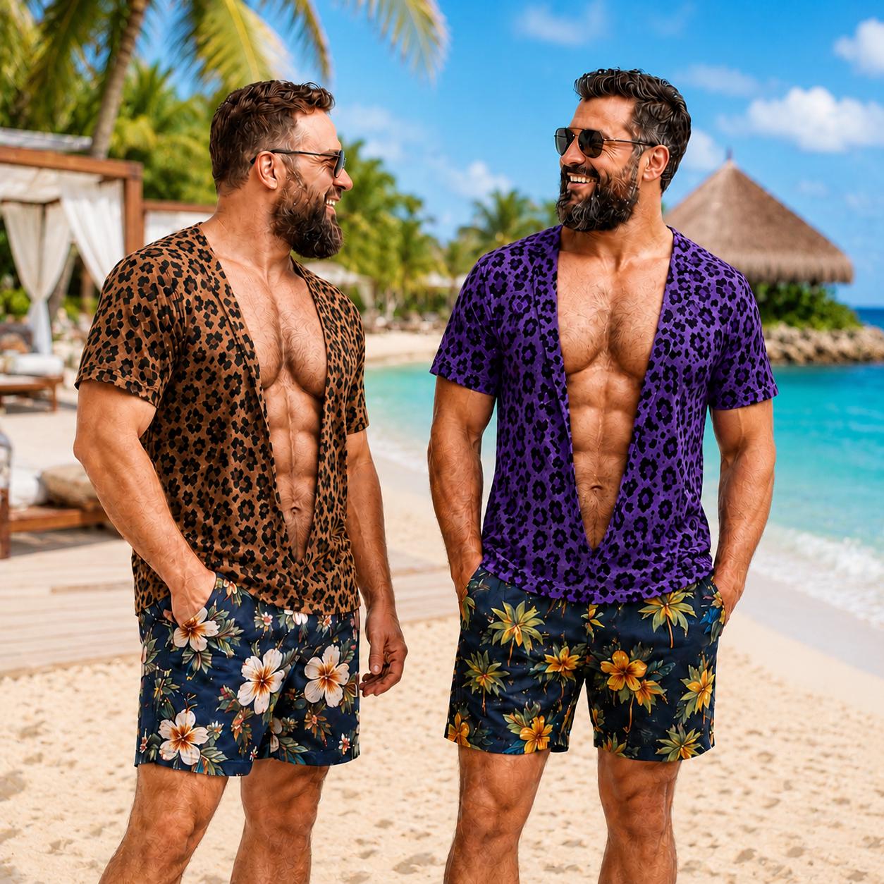Men's Leopard Print Hawaiian Shirt Shorts Set, Summer Beach Vacation Outfit Gift For Him