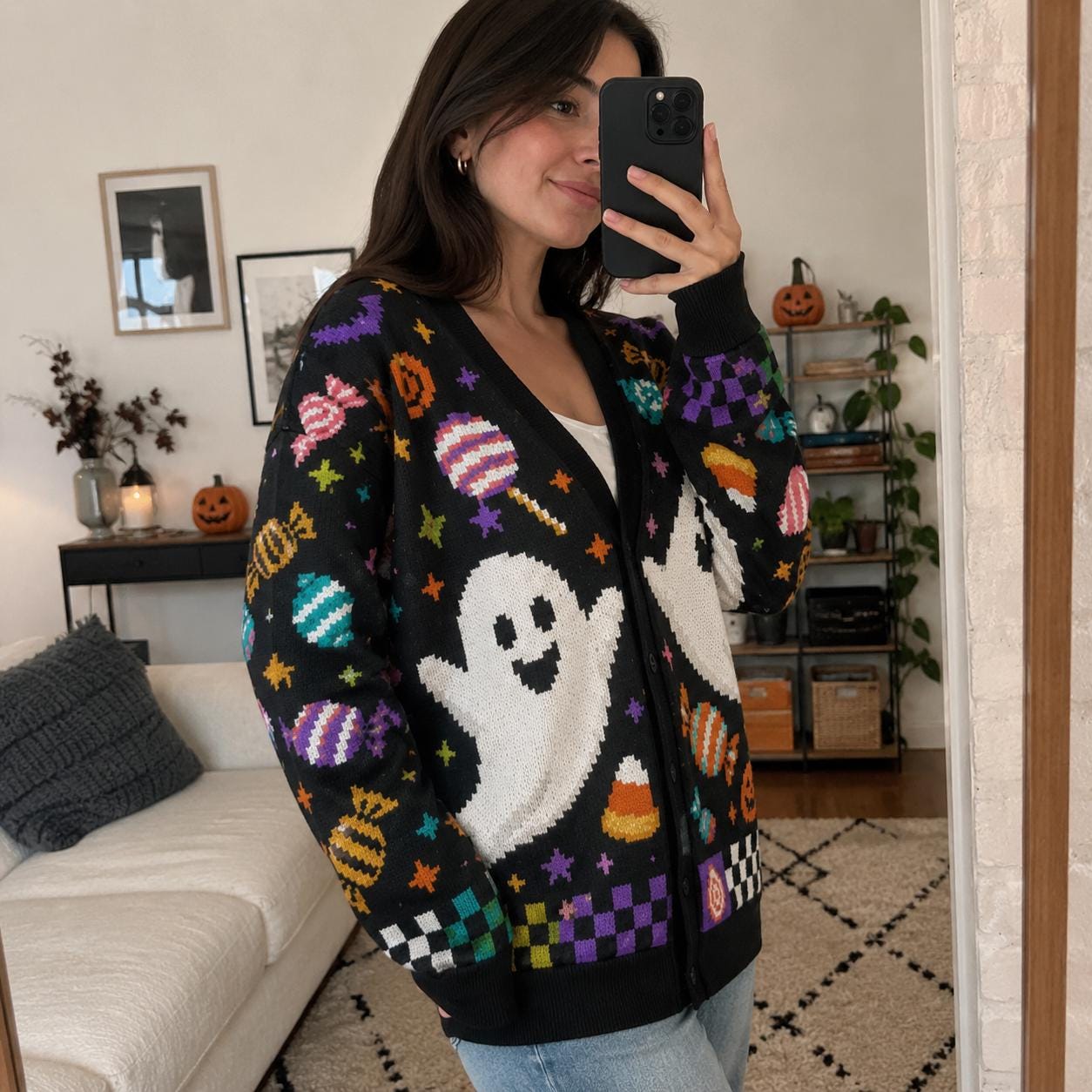 Retro Ghost Cardigan, Colorful Halloween Candy Pattern, Trick or Treat Outfit