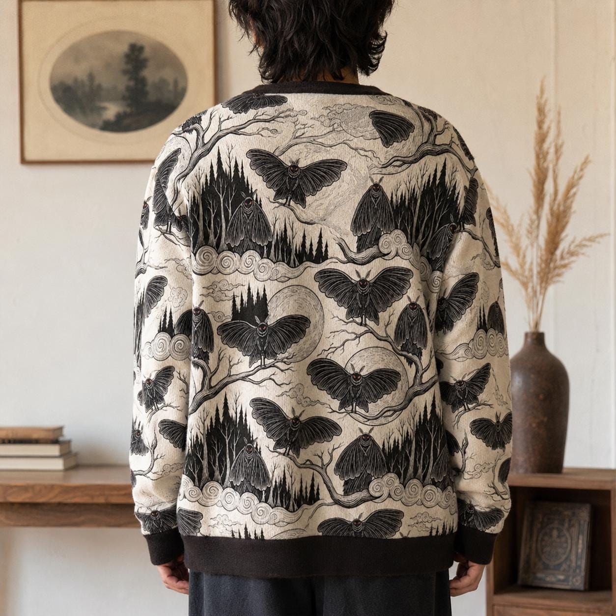 Mothman Cardigan Sweater, Cryptid Forest Illustration, Gothic Folklore Pattern, Dark Academia Layer for Horror Fans