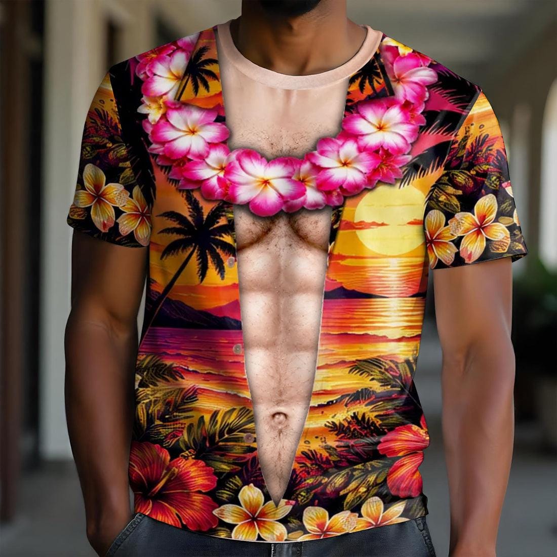 Funny Muscle Body Hawaiian Shirt for Men, Tropical Floral Costume, Bachelor Party Gag Gift