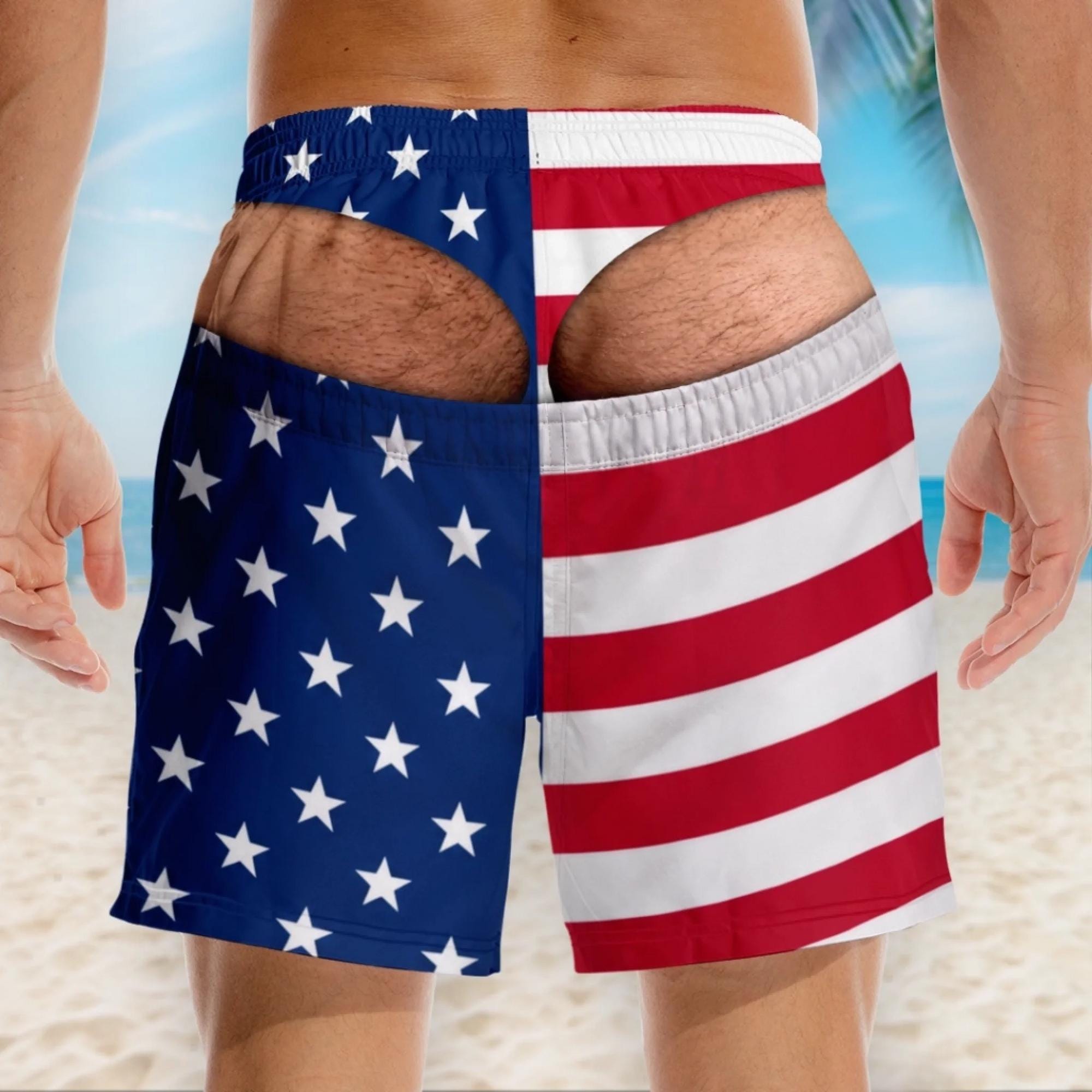 Personalized Funny Peekaboo Swim Trunks, Novelty Beach Shorts for Men, Prank Bare Butt Design Summer Swimwear Gift