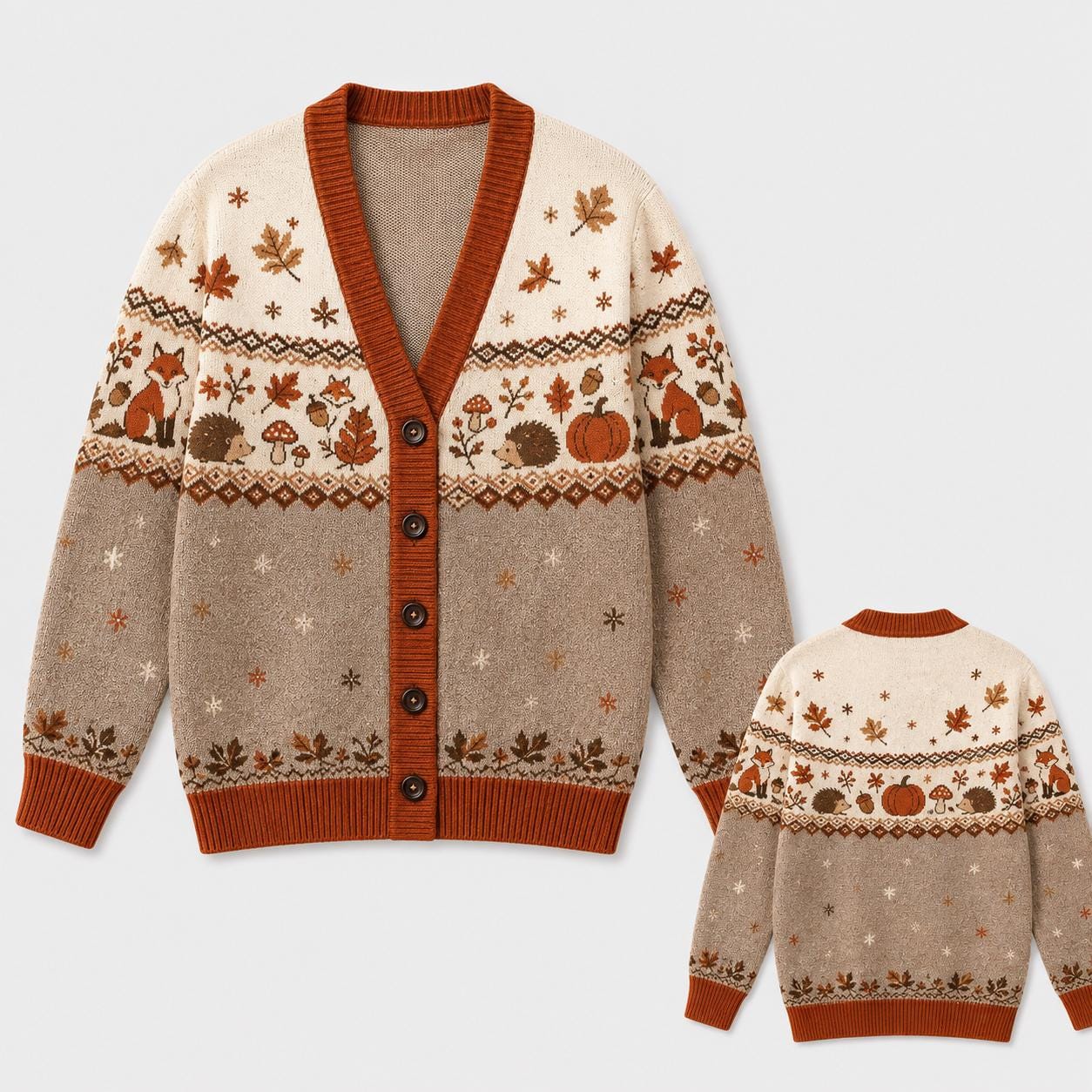 Fox Cardigan Fair Isle Knit Sweater Woodland Autumn Button Up Cardigan for Women