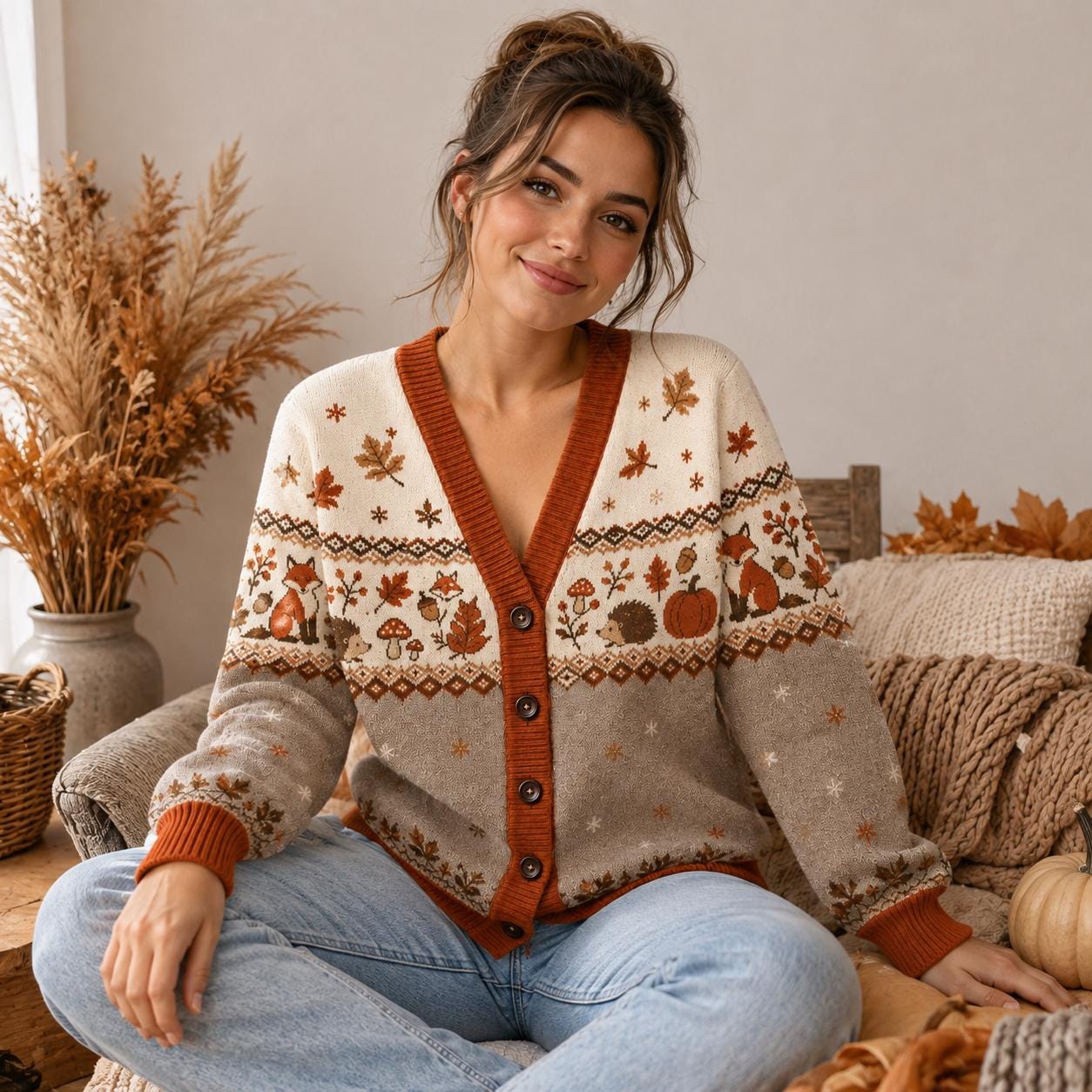 Fox Cardigan Fair Isle Knit Sweater Woodland Autumn Button Up Cardigan for Women