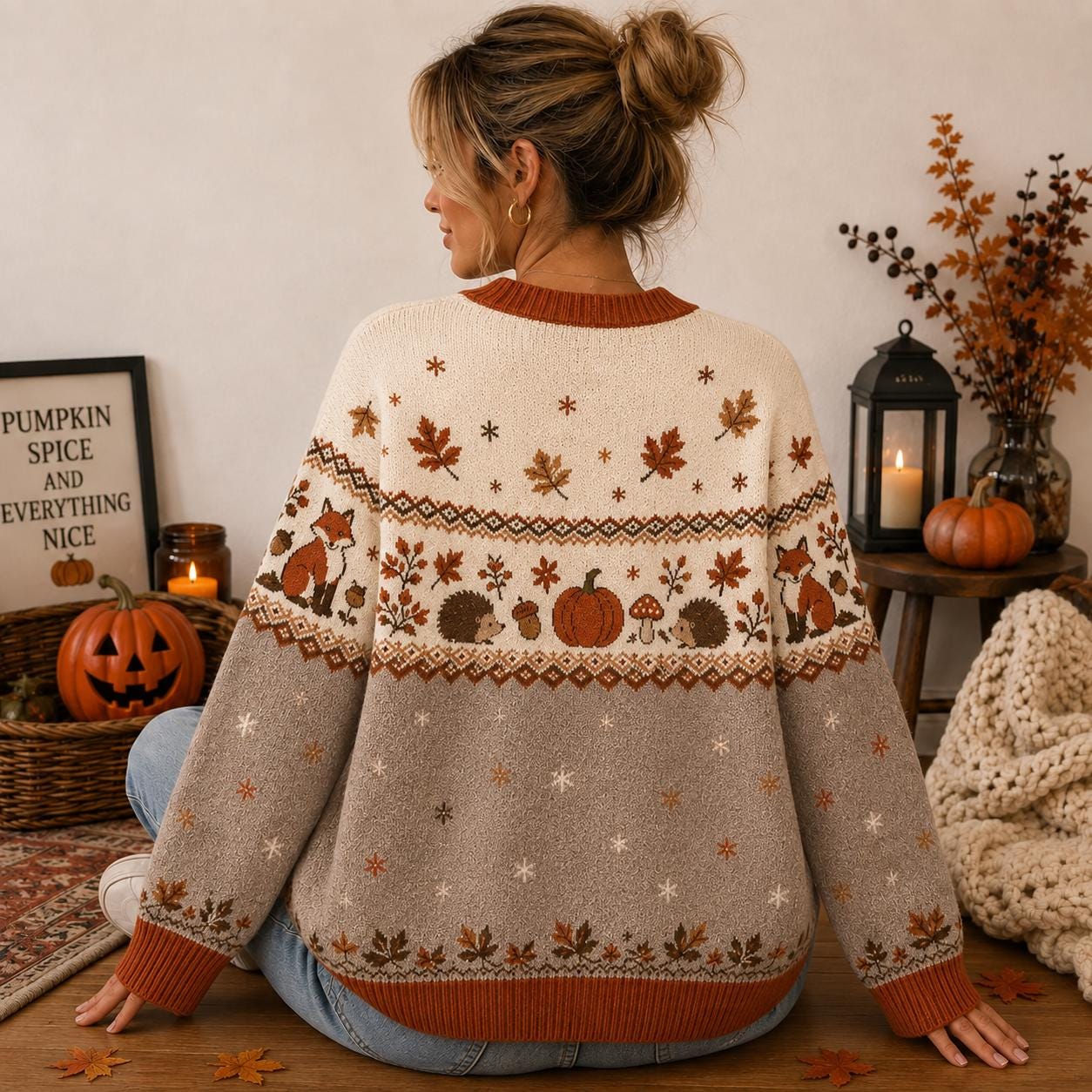 Fox Cardigan Fair Isle Knit Sweater Woodland Autumn Button Up Cardigan for Women