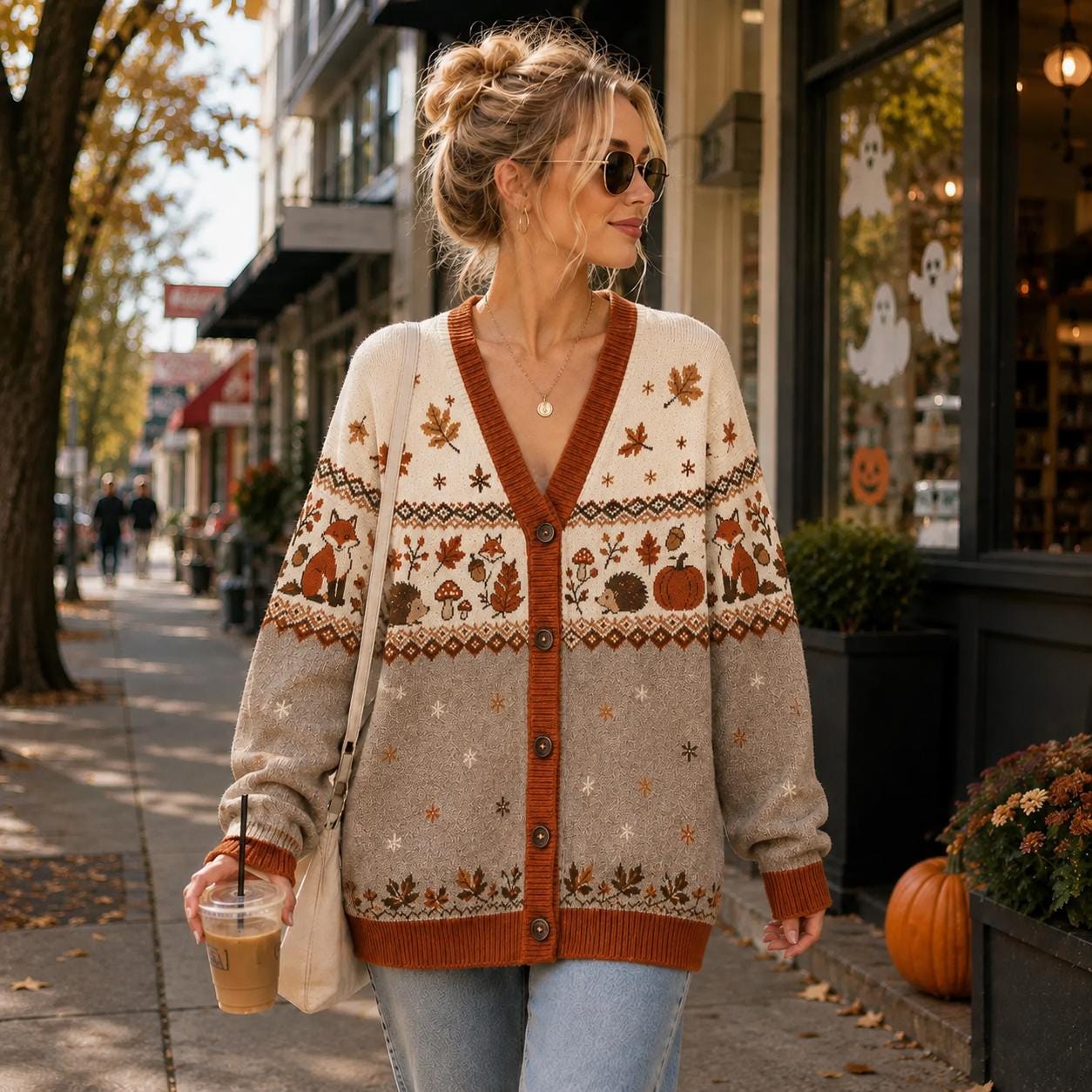 Fox Cardigan Fair Isle Knit Sweater Woodland Autumn Button Up Cardigan for Women