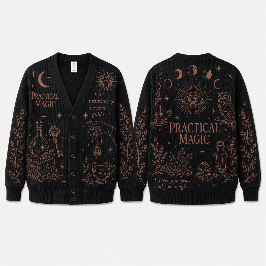 Personalized Practical Magic Cardigan, Witchy Celestial Knit Sweater, Moon Phase Occult Button Up, Dark Academia Cottagecore Gift