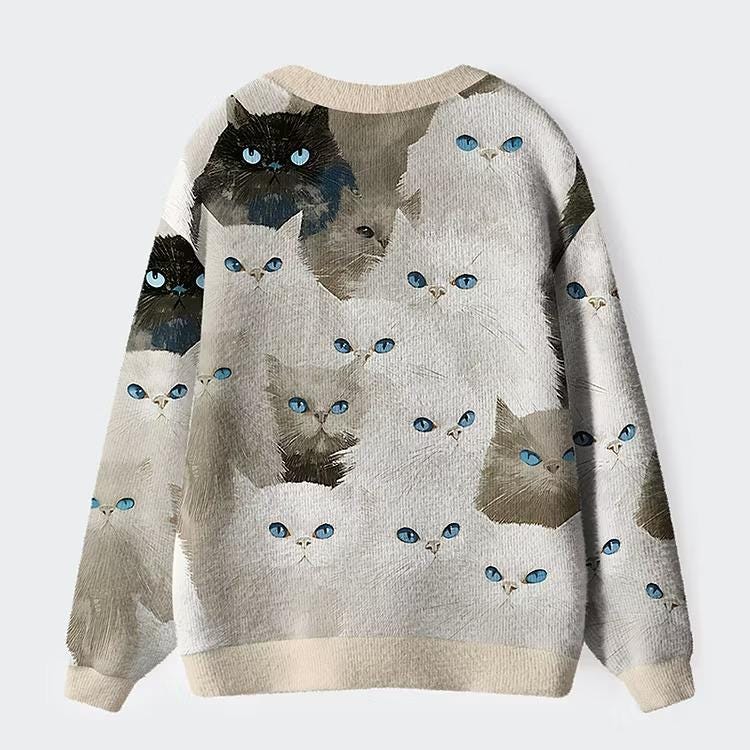 Fluffy Blue Eyed Cat Cardigan, Vintage Persian Cat Knit Sweater, Coquette Aesthetic Clothes, Cute Cottagecore Sweater, Soft Girl Knitwear
