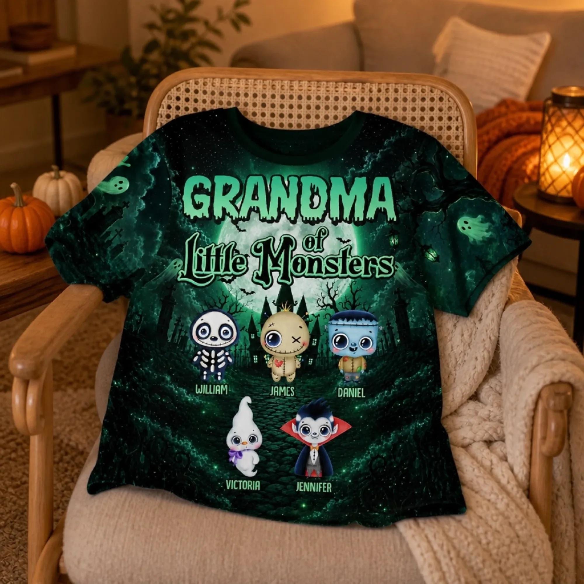 Personalized Grandma of Little Monsters Cotton Shirt, Custom Grandkids Name Tee, Halloween Family Gift