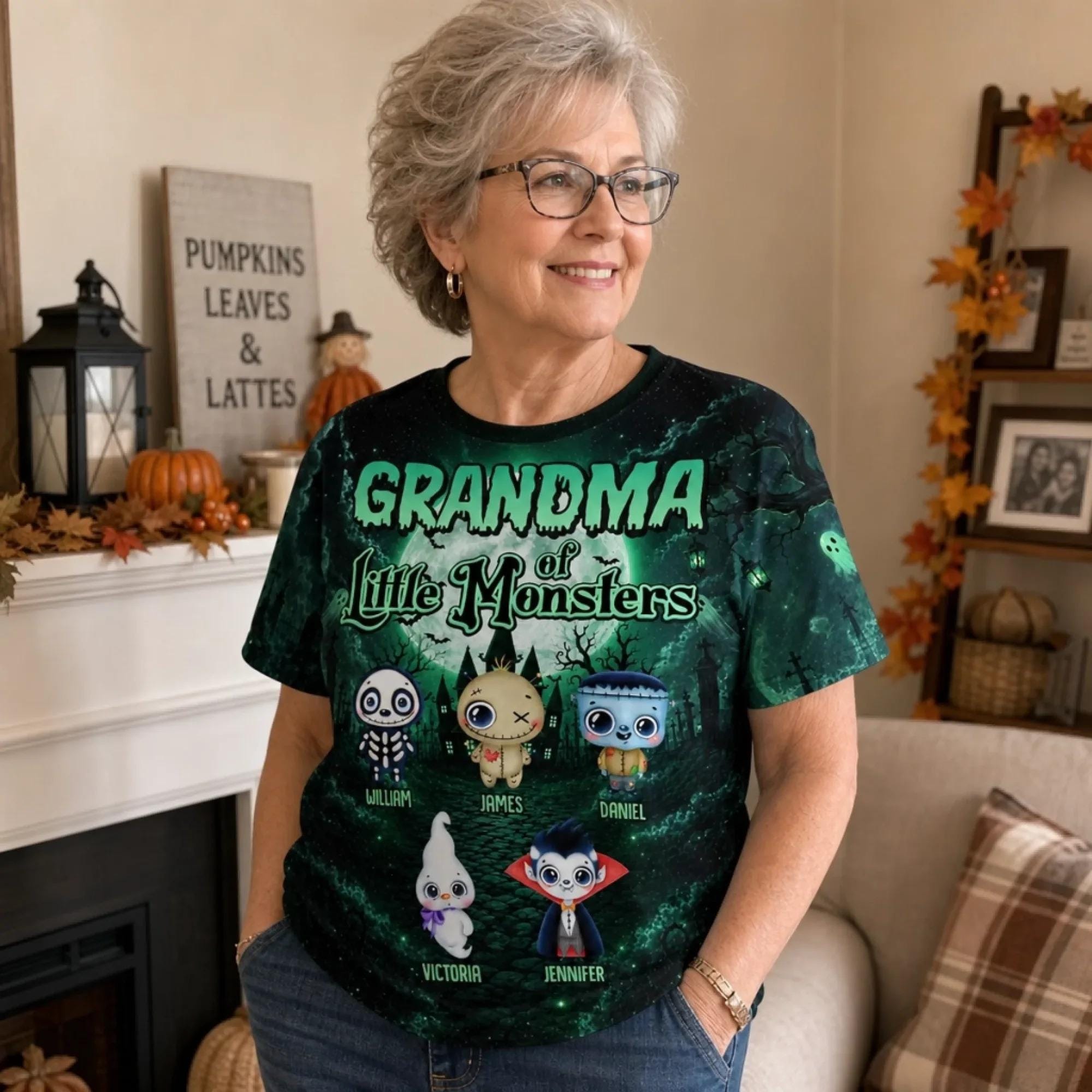 Personalized Grandma of Little Monsters Cotton Shirt, Custom Grandkids Name Tee, Halloween Family Gift