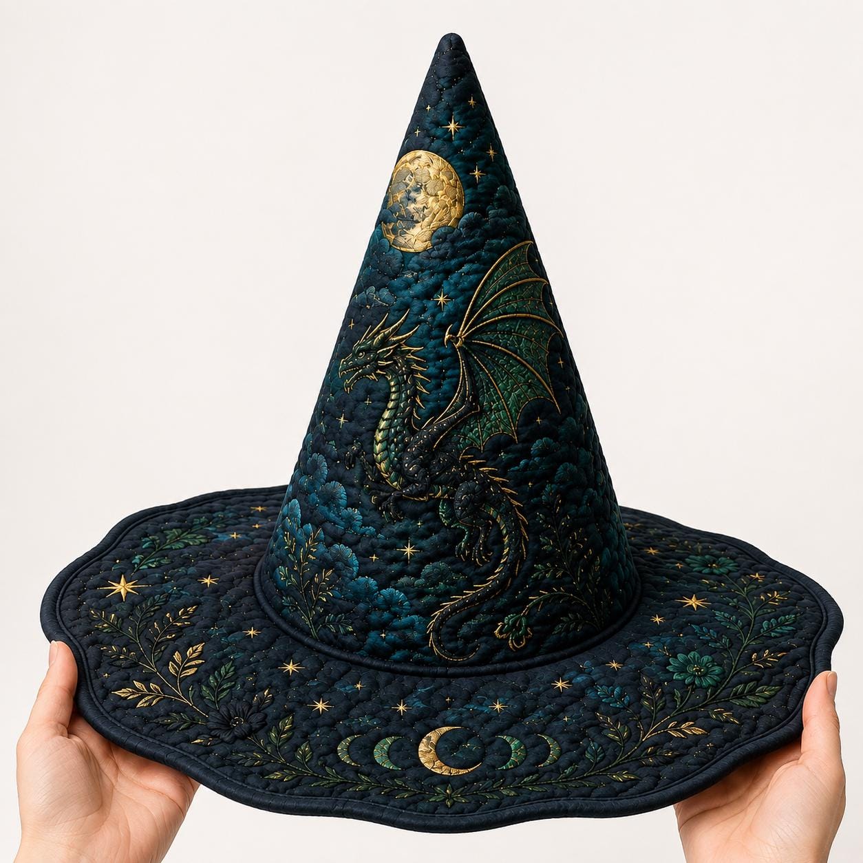 Quilted Dragon Witch Hat, Celestial Moon Stars Decor, Fantasy Wizard Hat, Personalized Gift