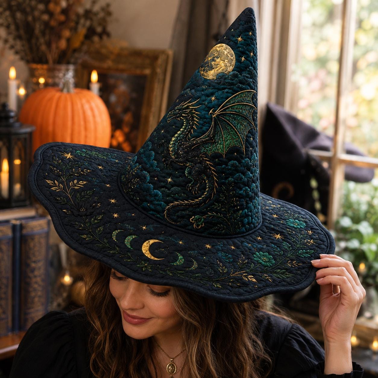 Quilted Dragon Witch Hat, Celestial Moon Stars Decor, Fantasy Wizard Hat, Personalized Gift