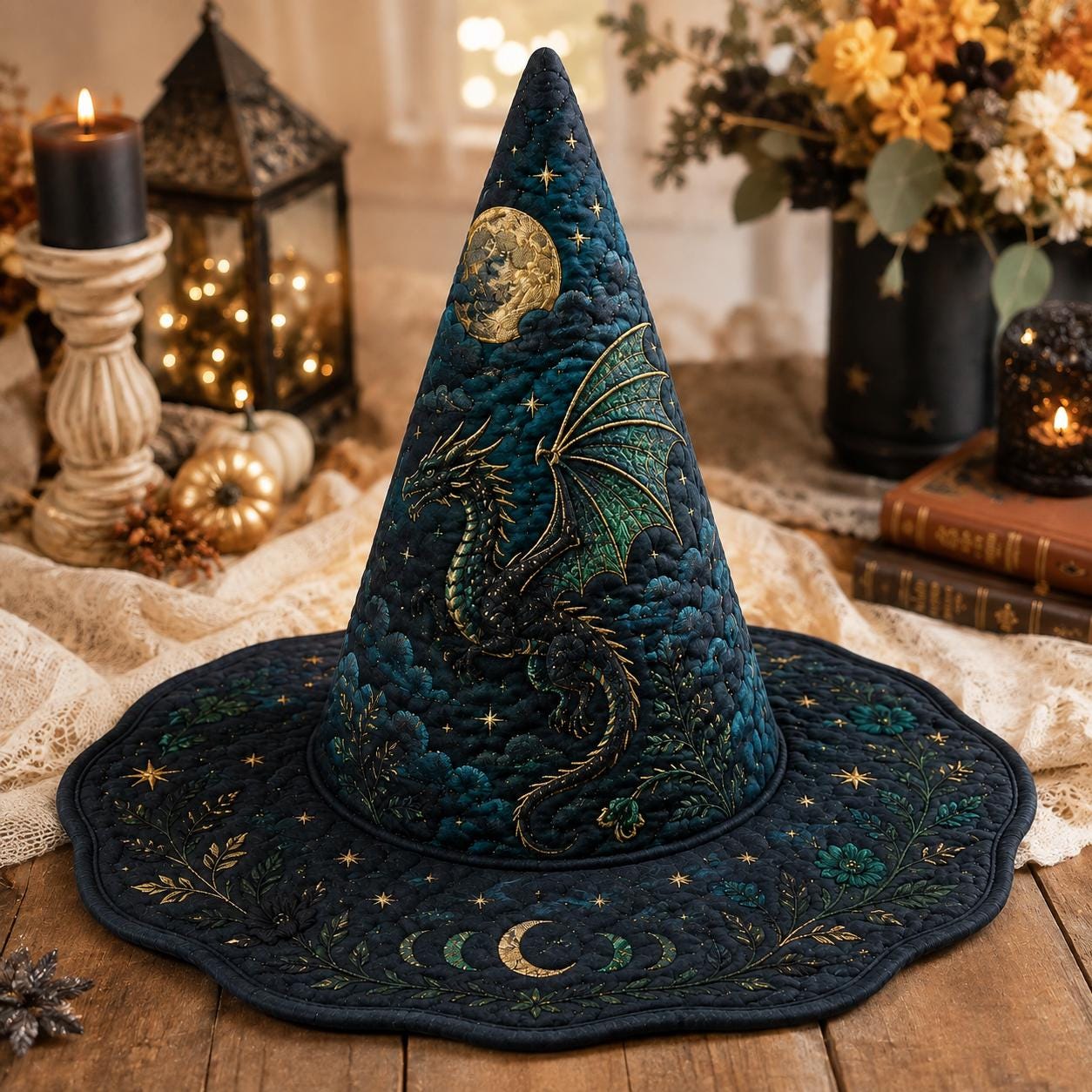 Quilted Dragon Witch Hat, Celestial Moon Stars Decor, Fantasy Wizard Hat, Personalized Gift