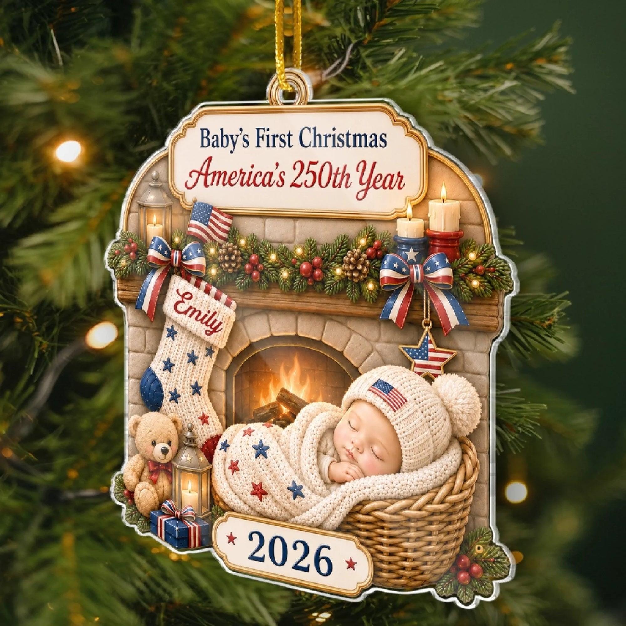Custom Baby's First Christmas Acrylic Ornament, America 250th Anniversary Christmas Gifts For New Parents