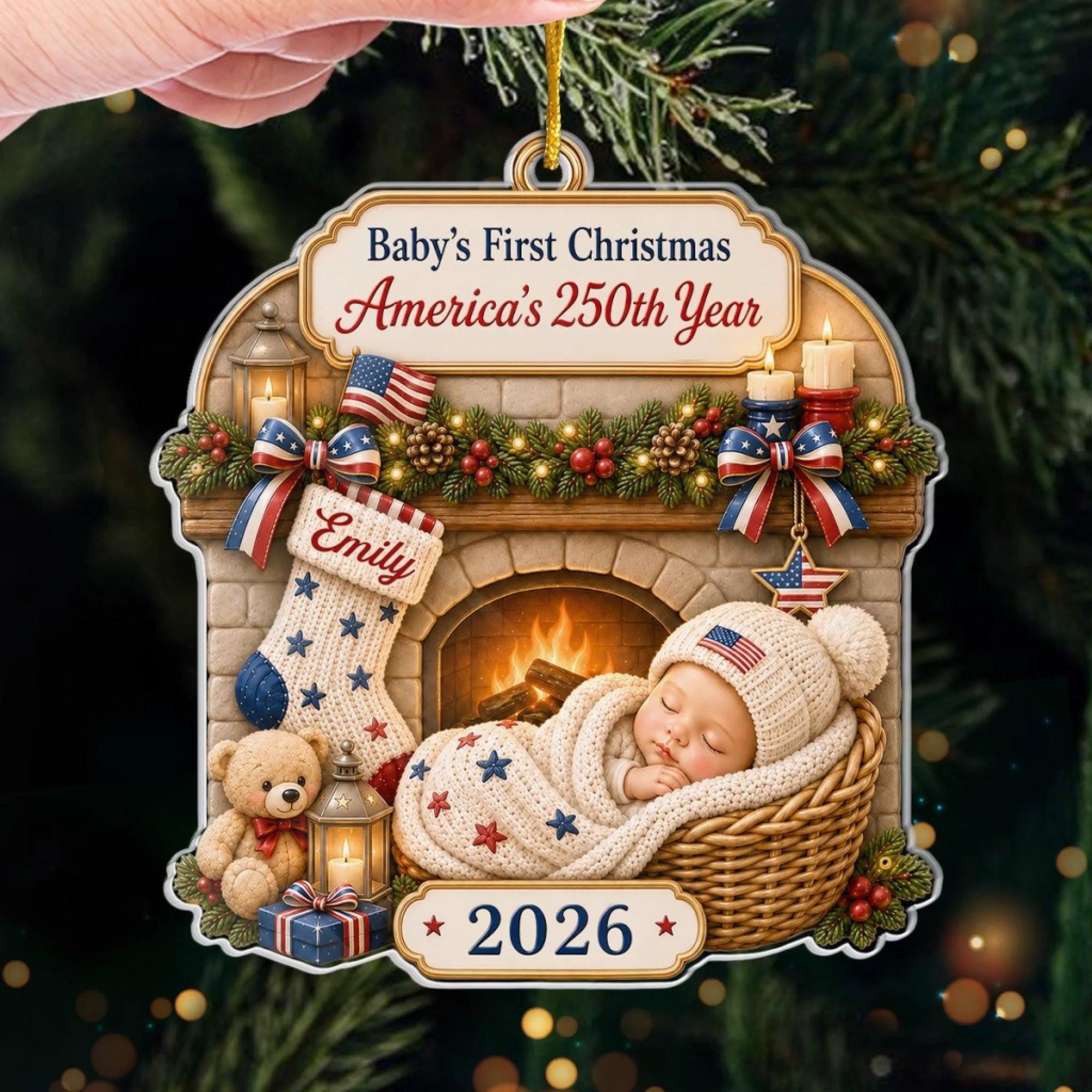 Custom Baby's First Christmas Acrylic Ornament, America 250th Anniversary Christmas Gifts For New Parents