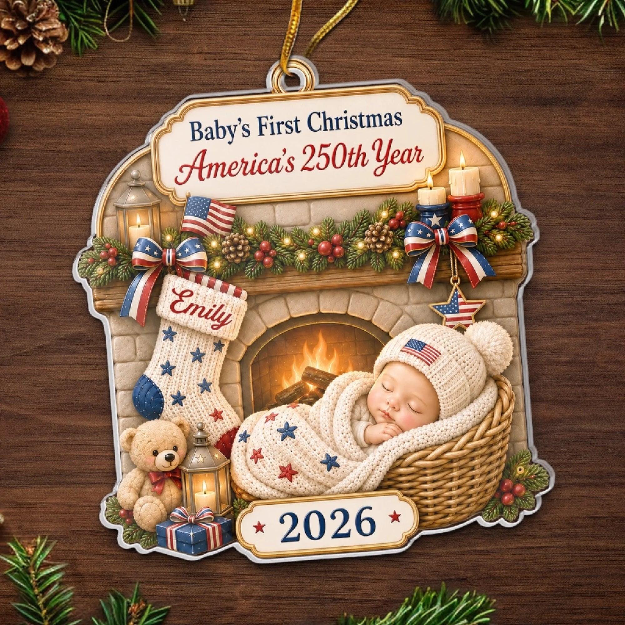Custom Baby's First Christmas Acrylic Ornament, America 250th Anniversary Christmas Gifts For New Parents