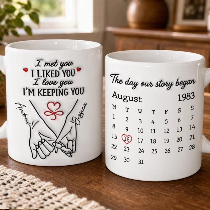 Personalized Anniversary Mug, Custom Names Date Calendar, Romantic Couple Coffee Cup Wedding Keepsake