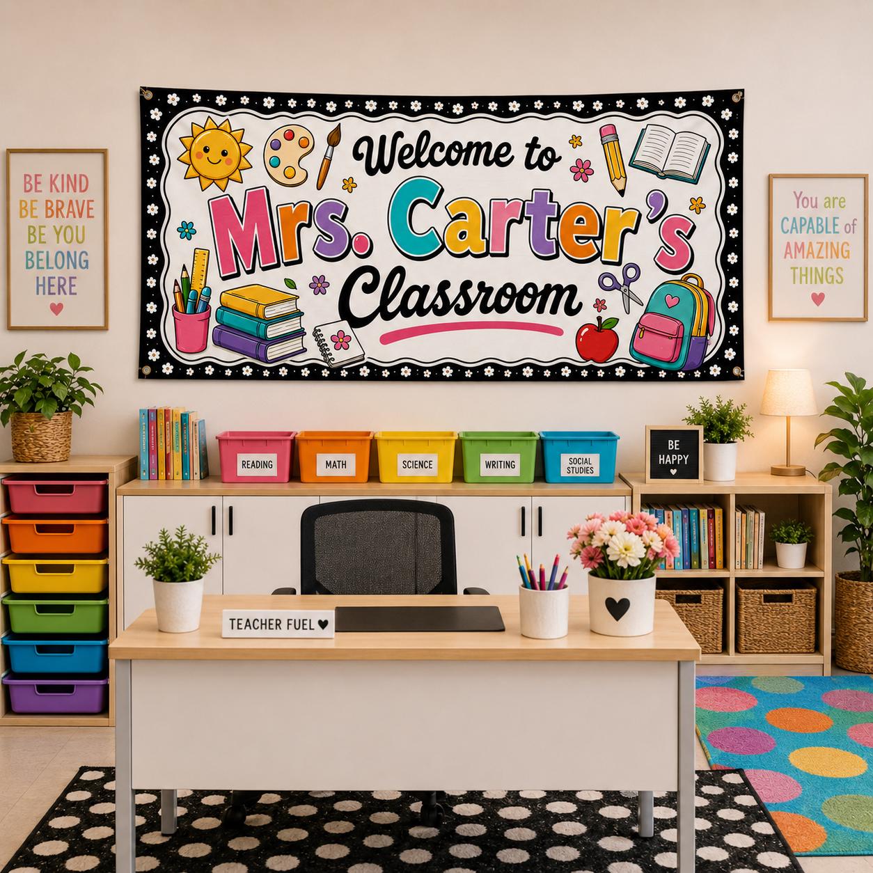 Personalized Classroom Banner, Custom Teacher Name Sign, Colorful Back to School Wall Decor Gift
