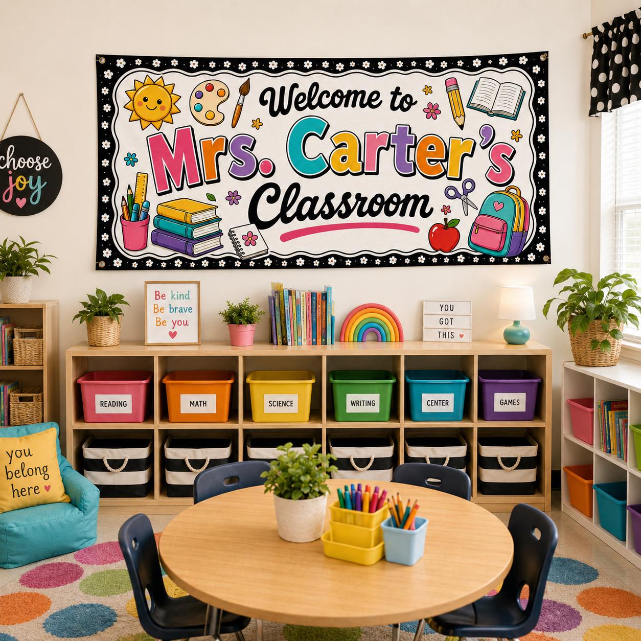 Personalized Classroom Banner, Custom Teacher Name Sign, Colorful Back to School Wall Decor Gift