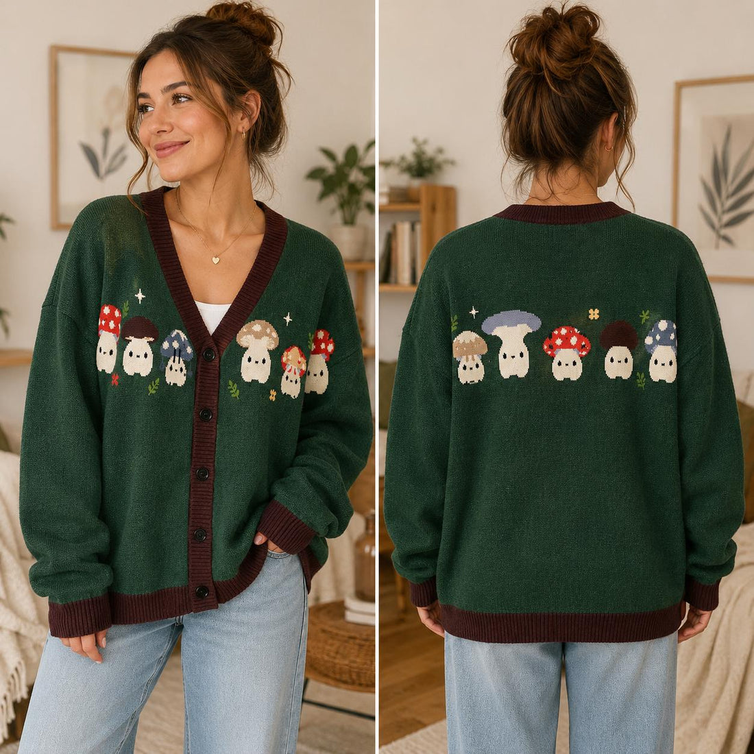 Personalized Mushroom Cardigan Cute Cottagecore Knit Sweater Forest Mushroom Print Green Button Up Sweater for Women