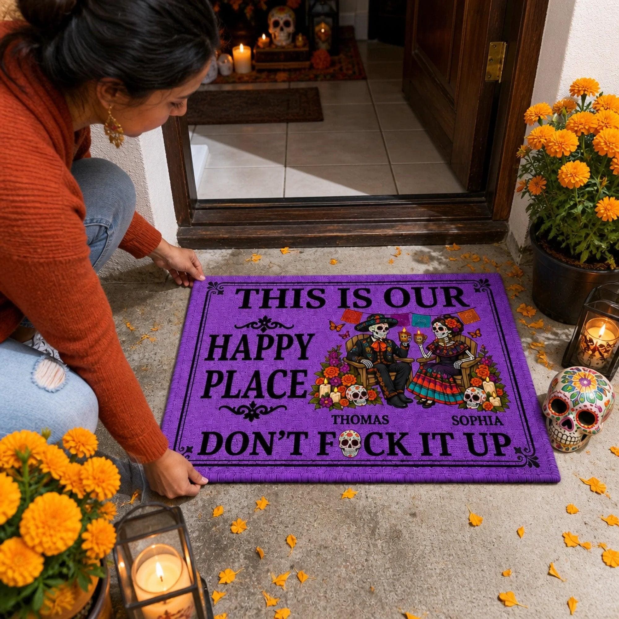 Custom This Is Our Happy Place Doormat, Anniversary Wedding Gifts For Couple, Halloween Welcome Decor