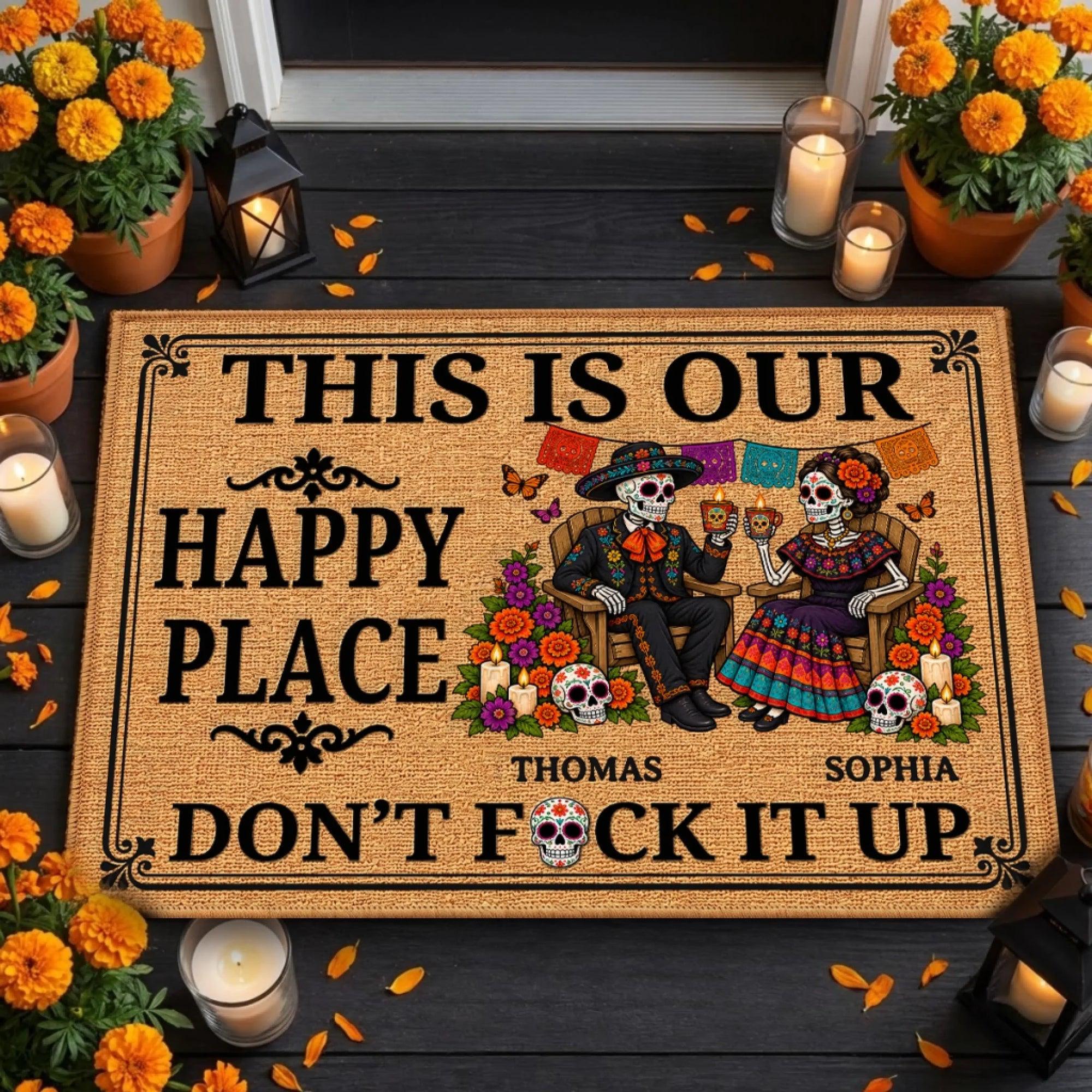 Custom This Is Our Happy Place Doormat, Anniversary Wedding Gifts For Couple, Halloween Welcome Decor