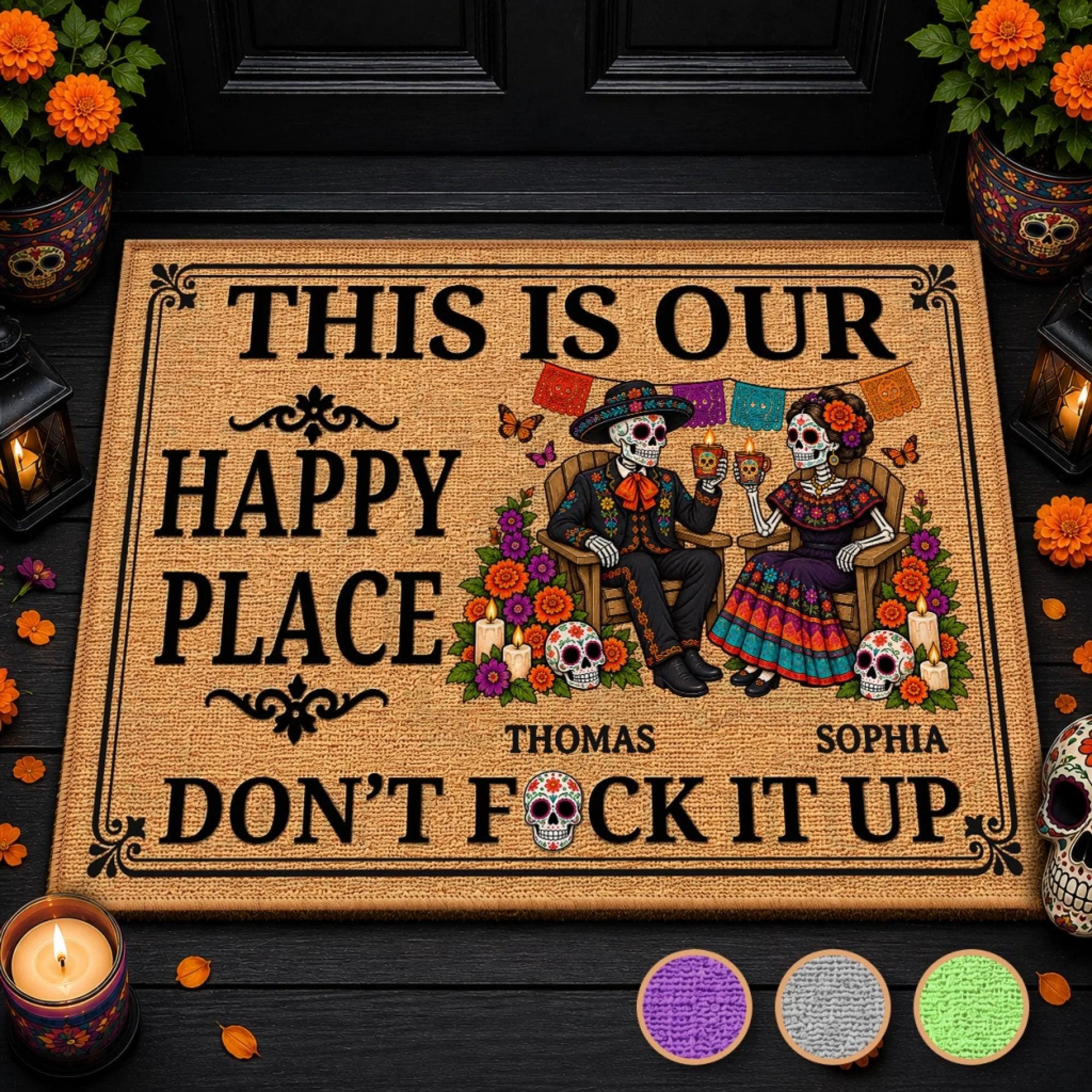Custom This Is Our Happy Place Doormat, Anniversary Wedding Gifts For Couple, Halloween Welcome Decor