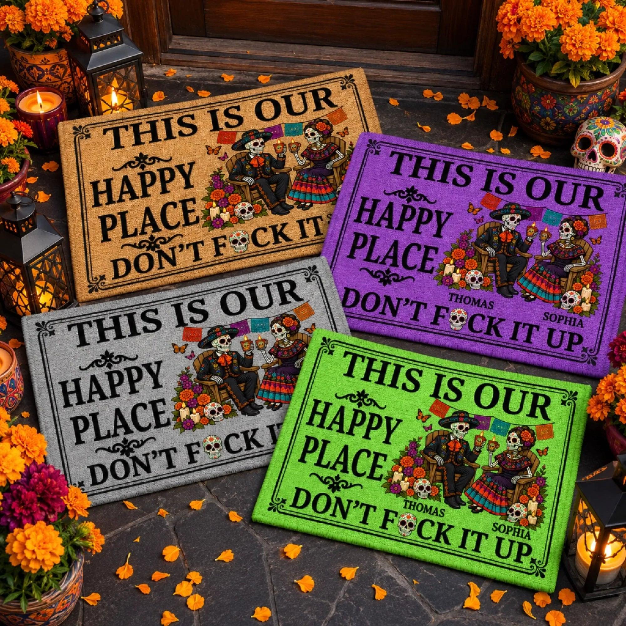 Custom This Is Our Happy Place Doormat, Anniversary Wedding Gifts For Couple, Halloween Welcome Decor
