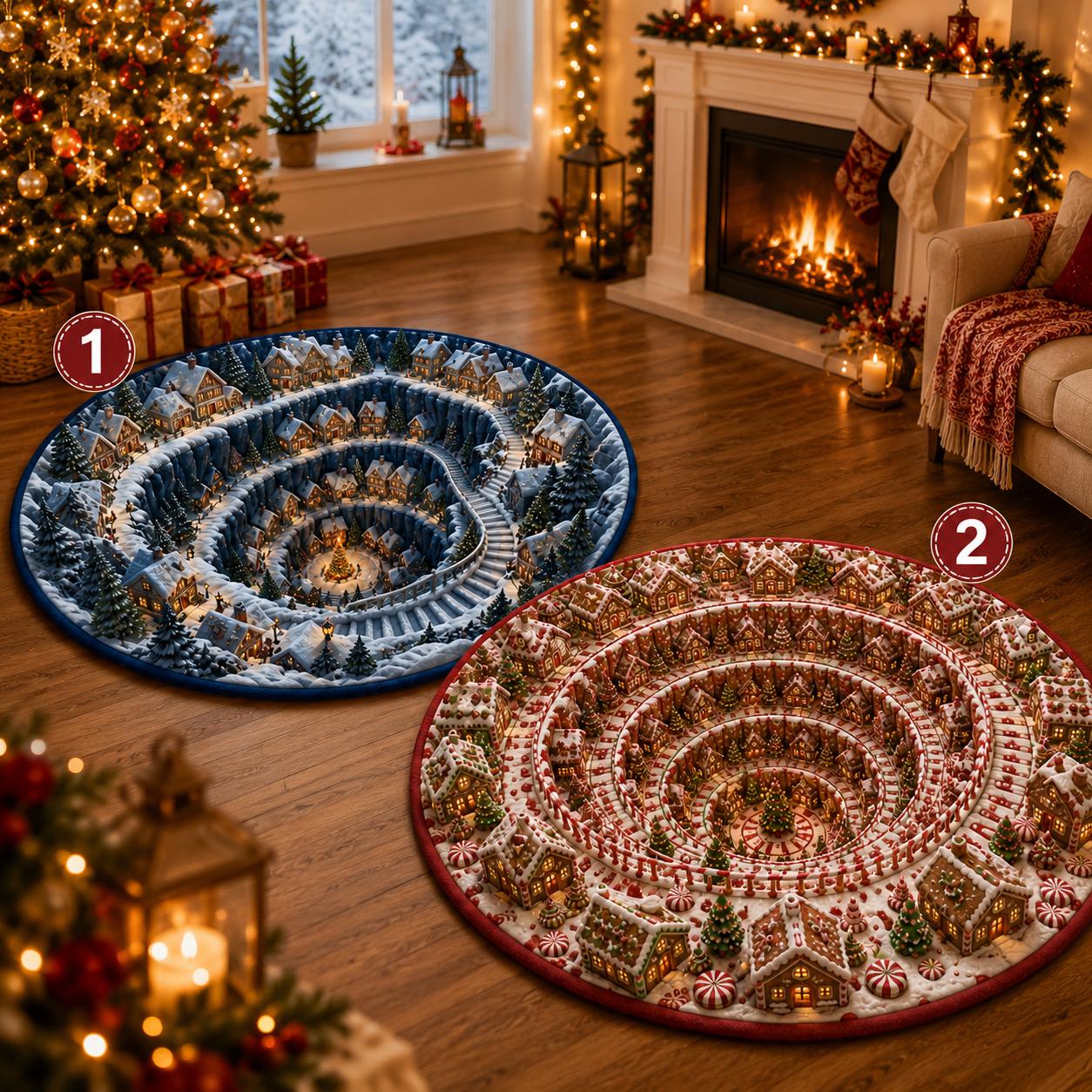 Christmas 3D Illusion Round Rug, Five Winter Village Styles, Halloween Welcome Decor