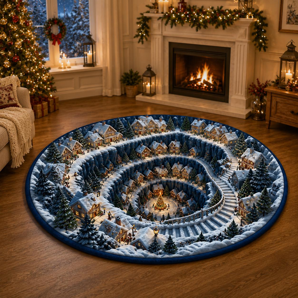 Christmas 3D Illusion Round Rug, Five Winter Village Styles, Halloween Welcome Decor