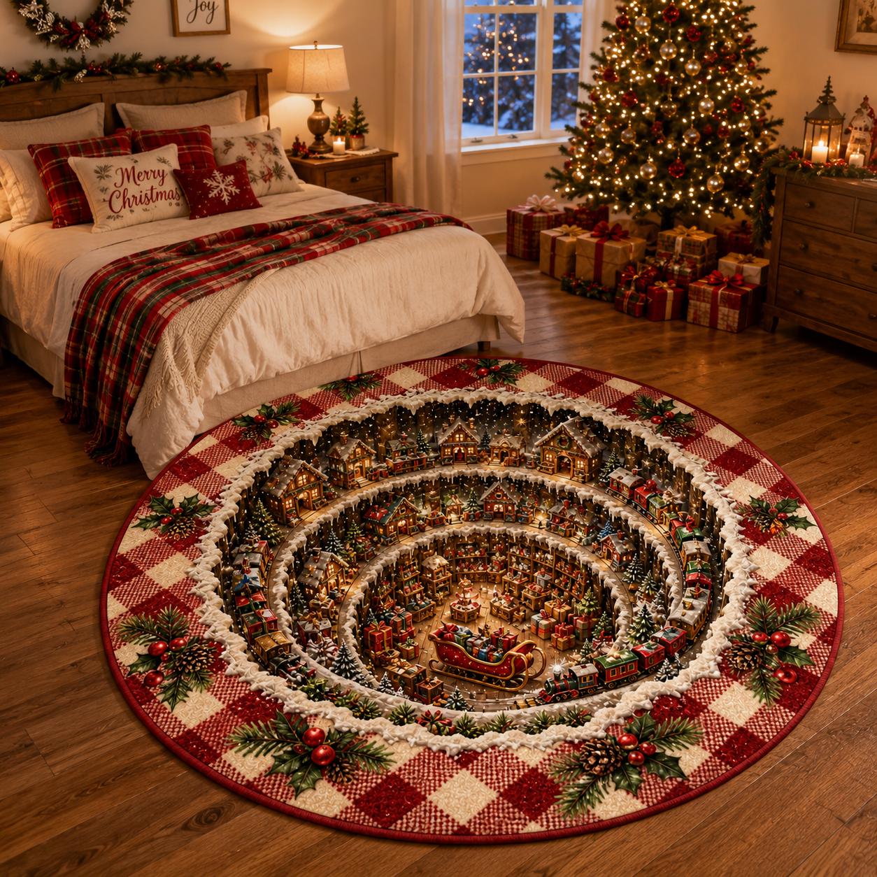 Santa Workshop 3D Illusion Round Rug, Winter Village Styles, Halloween Welcome Decor For Family