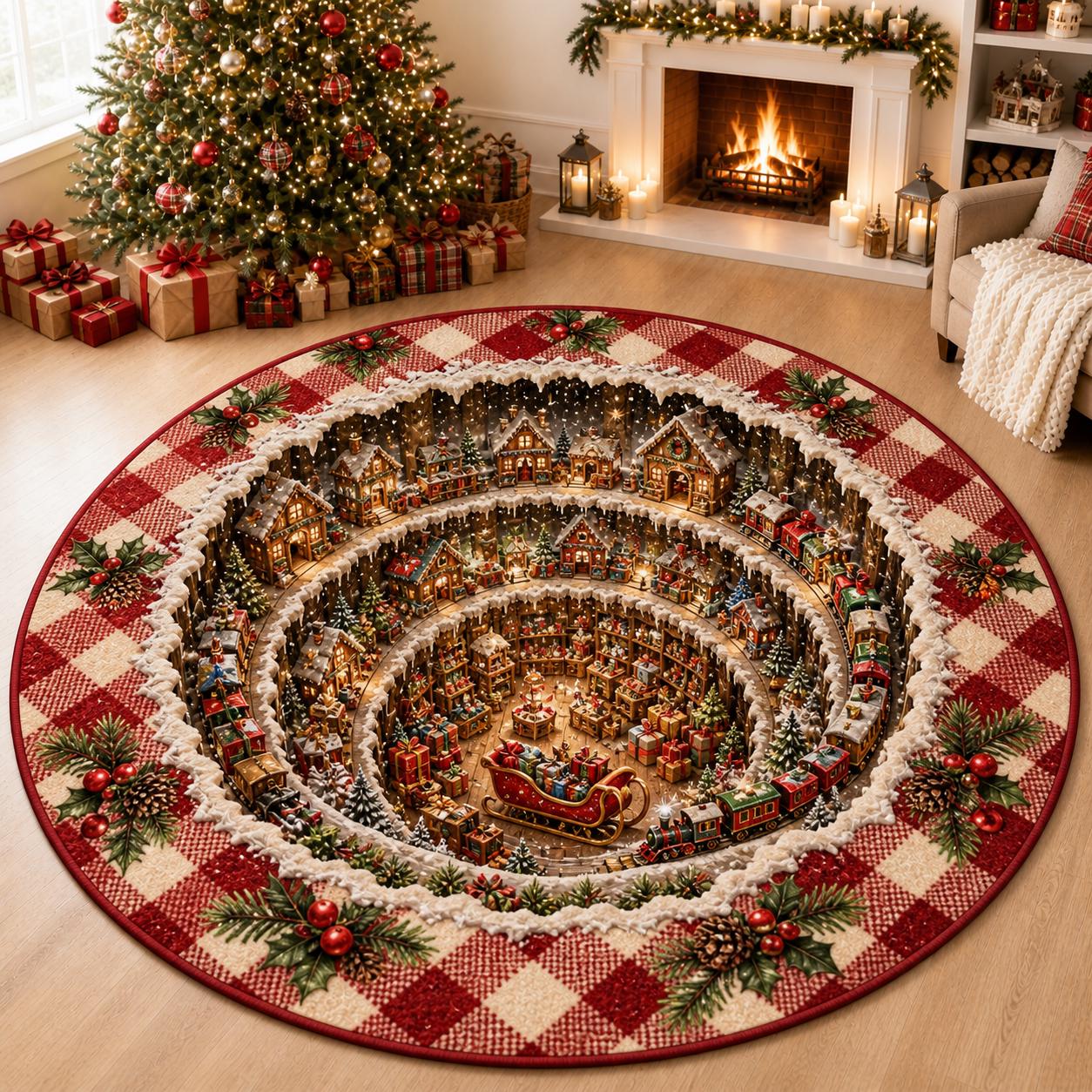 Santa Workshop 3D Illusion Round Rug, Winter Village Styles, Halloween Welcome Decor For Family