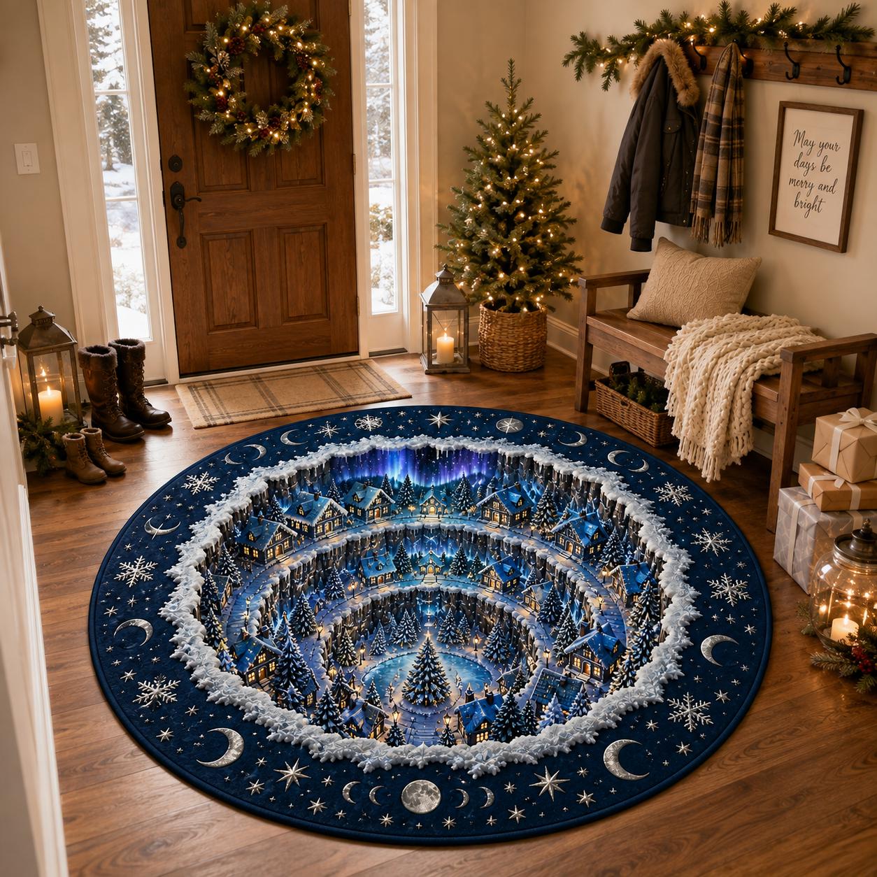 Aurora Winter Village 3D Illusion Round Rug, Nordic Christmas Floor Decor, Halloween Welcome Decor For Family