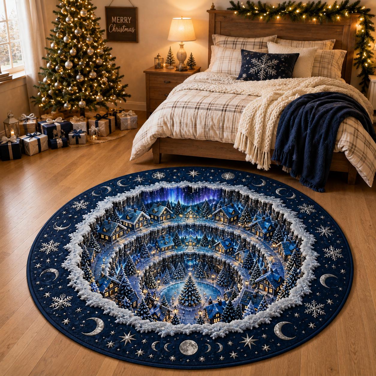 Aurora Winter Village 3D Illusion Round Rug, Nordic Christmas Floor Decor, Halloween Welcome Decor For Family