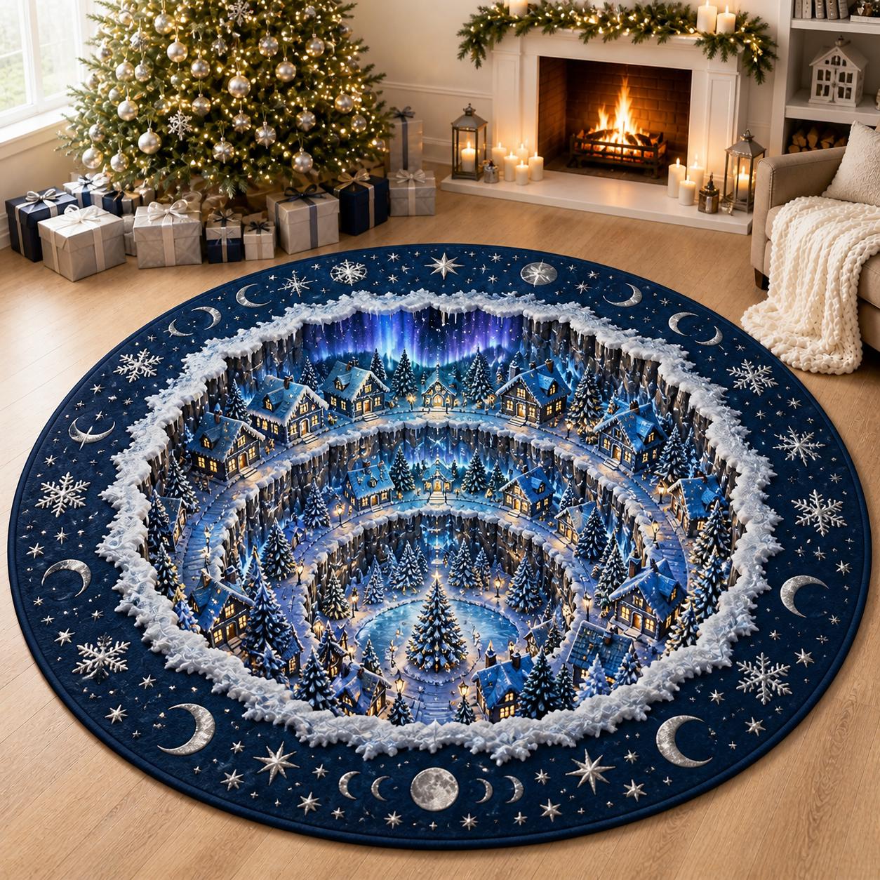 Aurora Winter Village 3D Illusion Round Rug, Nordic Christmas Floor Decor, Halloween Welcome Decor For Family