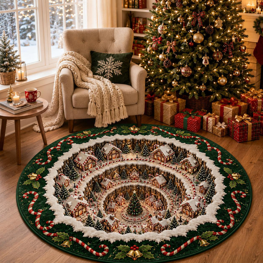 Gingerbread Village 3D Illusion Round Rug, Christmas Candy Cottage Floor Mat Decor For Family
