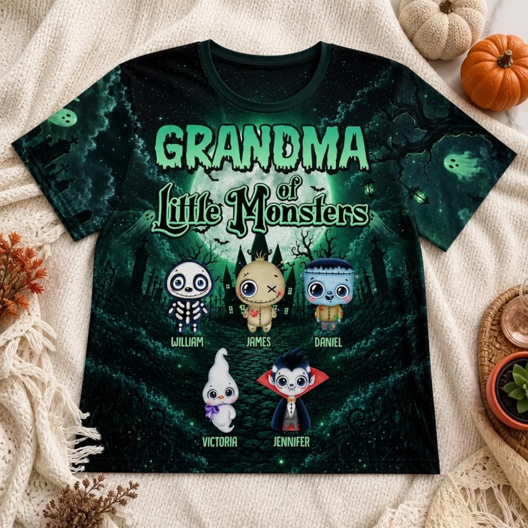 Personalized Grandma of Little Monsters Cotton Shirt, Custom Grandkids Name Tee, Halloween Family Gift
