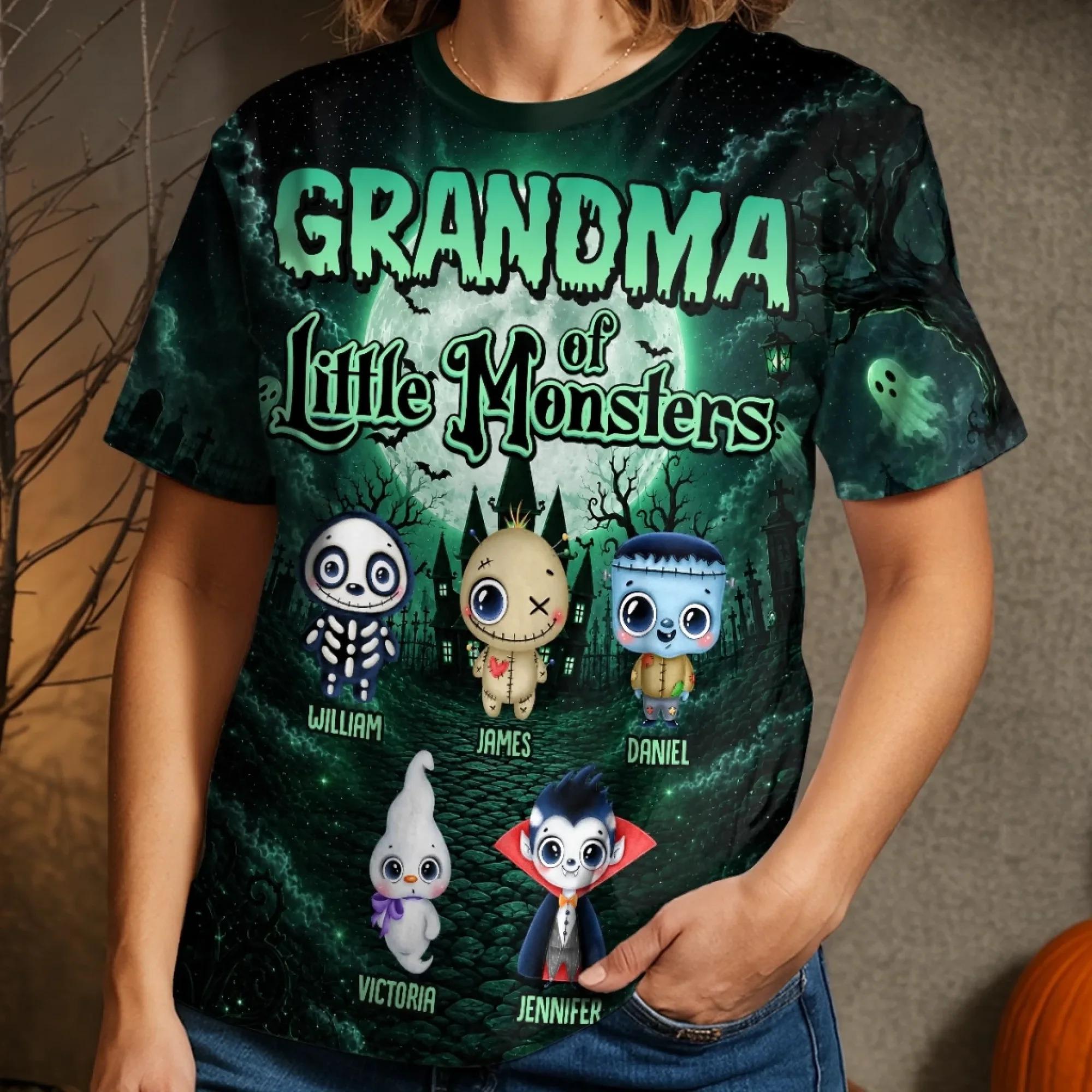 Personalized Grandma of Little Monsters Cotton Shirt, Custom Grandkids Name Tee, Halloween Family Gift