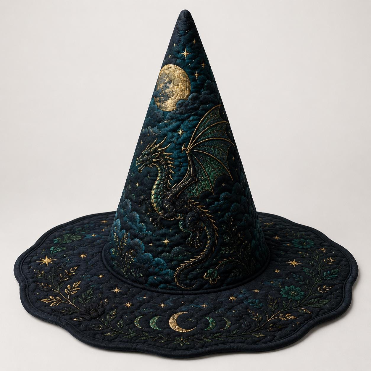Quilted Dragon Witch Hat, Celestial Moon Stars Decor, Fantasy Wizard Hat, Personalized Gift
