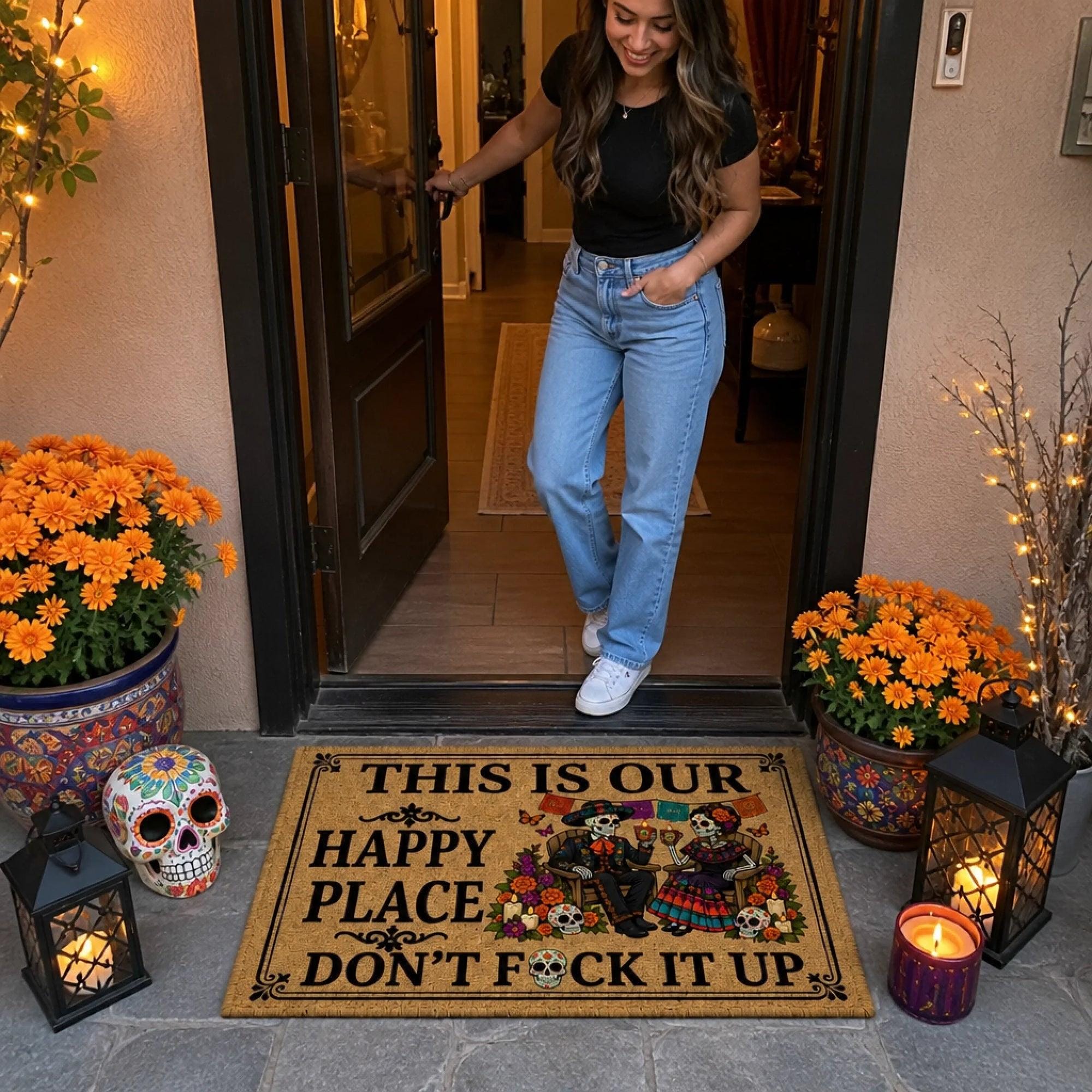 Custom This Is Our Happy Place Doormat, Anniversary Wedding Gifts For Couple, Halloween Welcome Decor