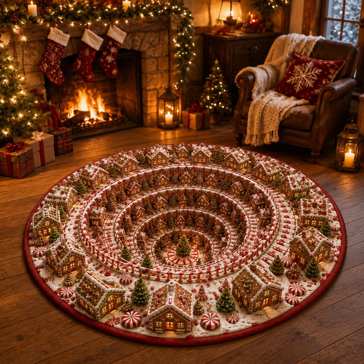 Christmas 3D Illusion Round Rug, Five Winter Village Styles, Halloween Welcome Decor
