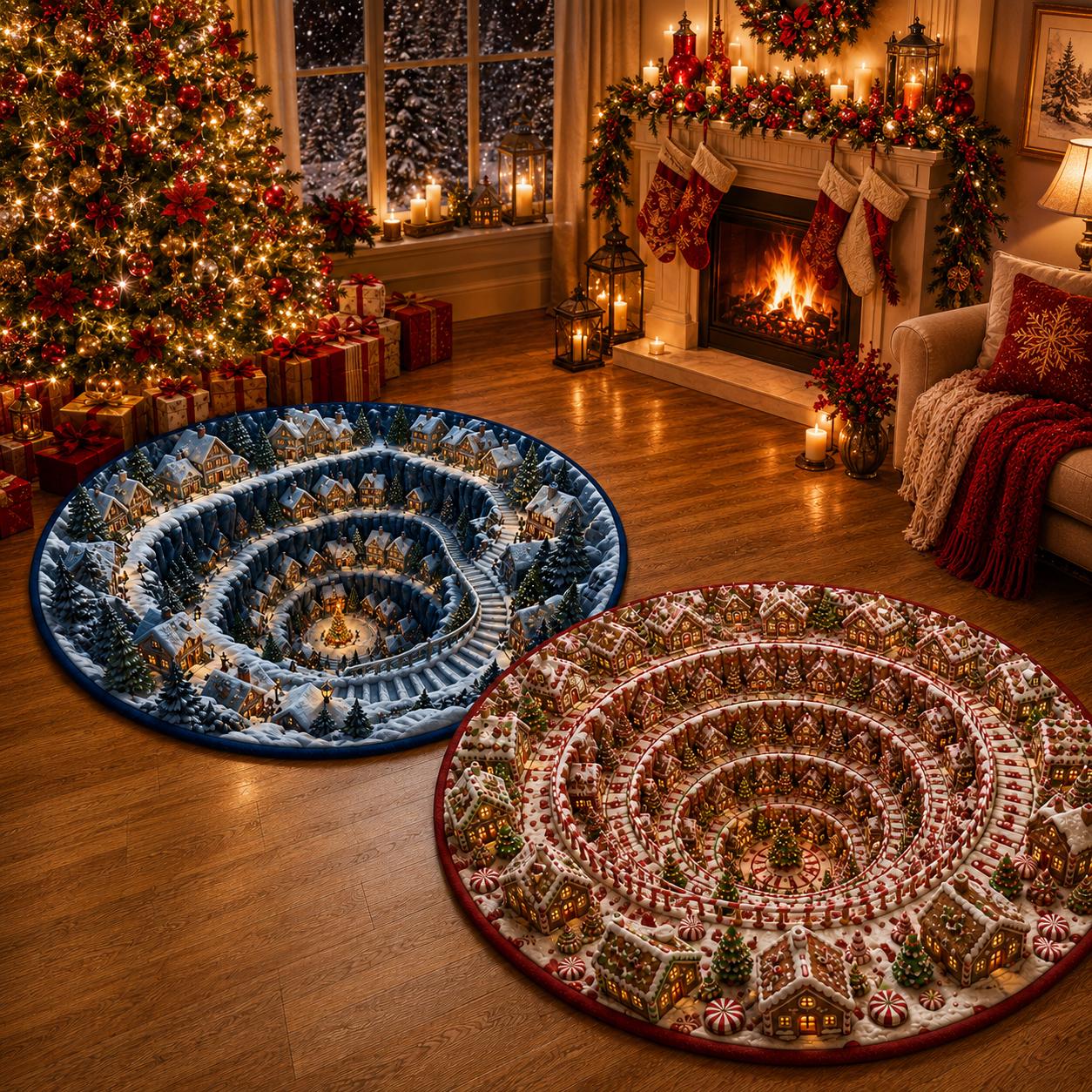Christmas 3D Illusion Round Rug, Five Winter Village Styles, Halloween Welcome Decor