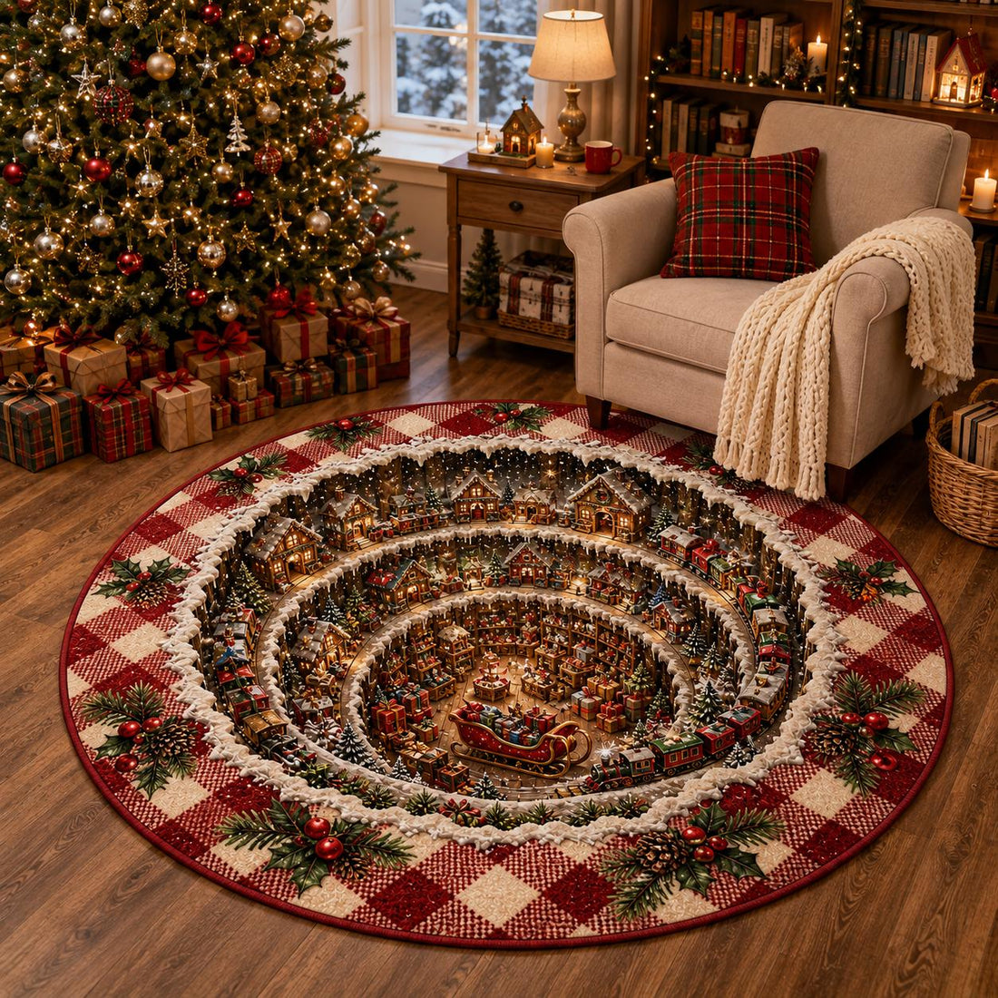 Santa Workshop 3D Illusion Round Rug, Winter Village Styles, Halloween Welcome Decor For Family