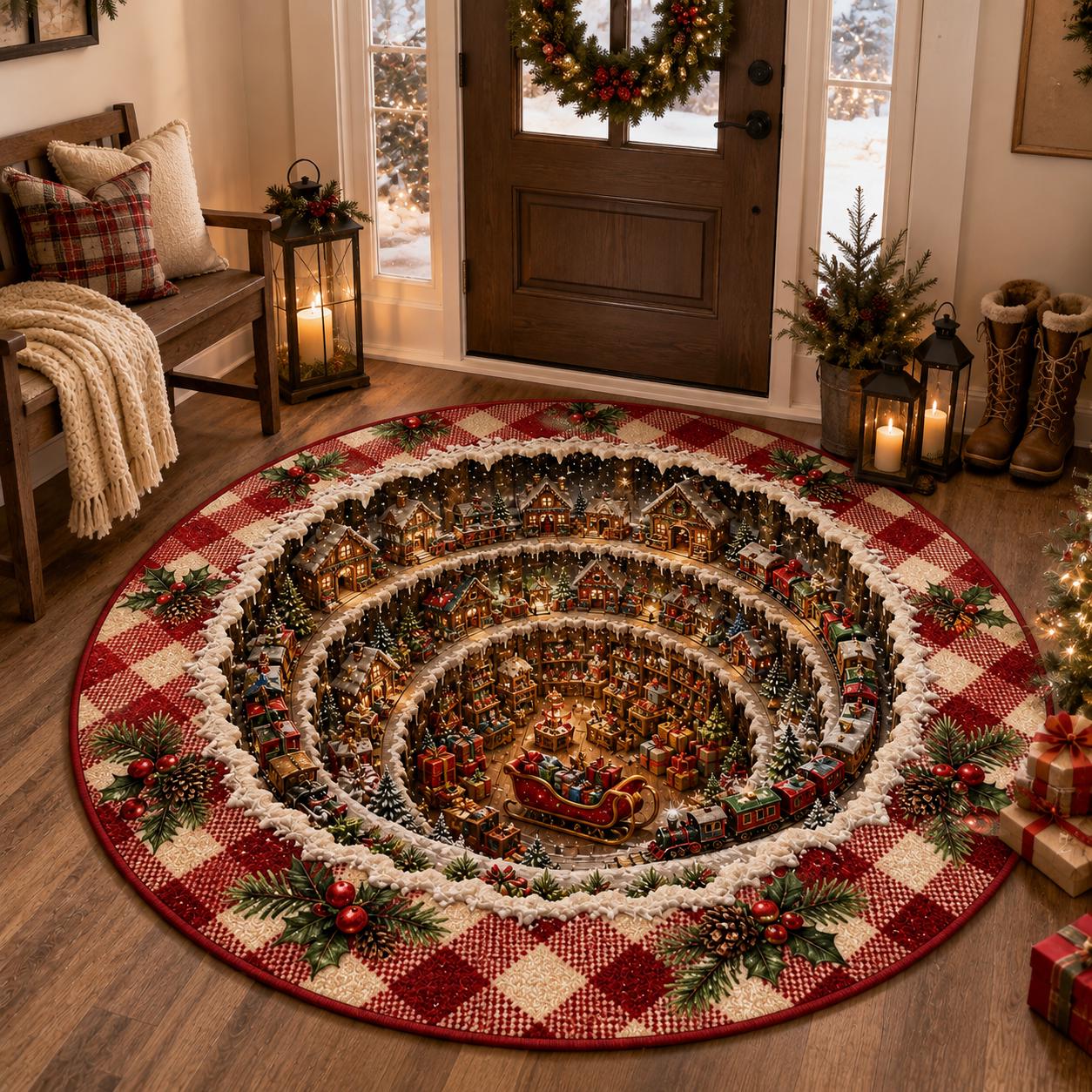 Santa Workshop 3D Illusion Round Rug, Winter Village Styles, Halloween Welcome Decor For Family