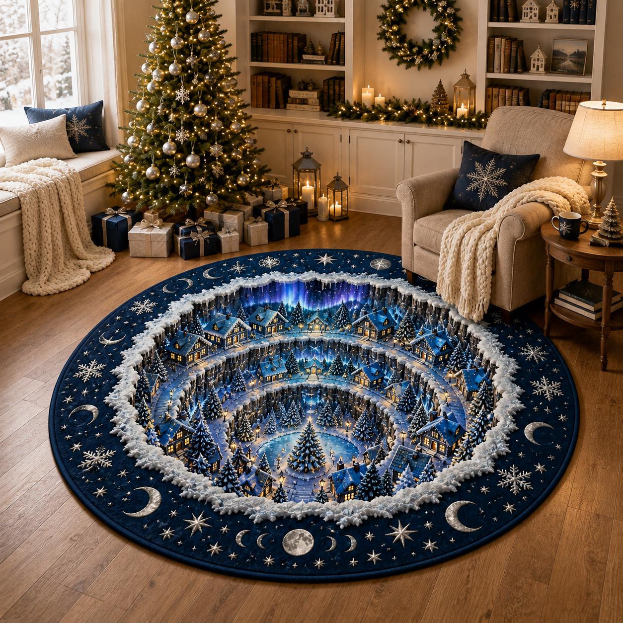 Aurora Winter Village 3D Illusion Round Rug, Nordic Christmas Floor Decor, Halloween Welcome Decor For Family