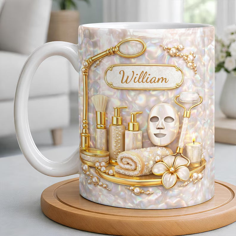 Custom Skincare 3D Effect Ceramic Mug, Best Esthetician Skincare Tools Coffee Cup, Skin Care Lovers Mug, Beauty Salon Shop Gift, Mom Cup