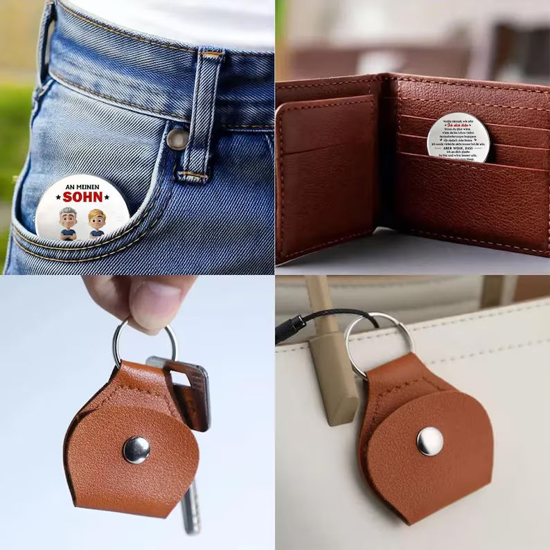 Custom To My Son Pocket Hug Keychain, Sentimental Father's Day Birthday Gift For German Son Dad Him, Support Family Keepsake Pocket Coin
